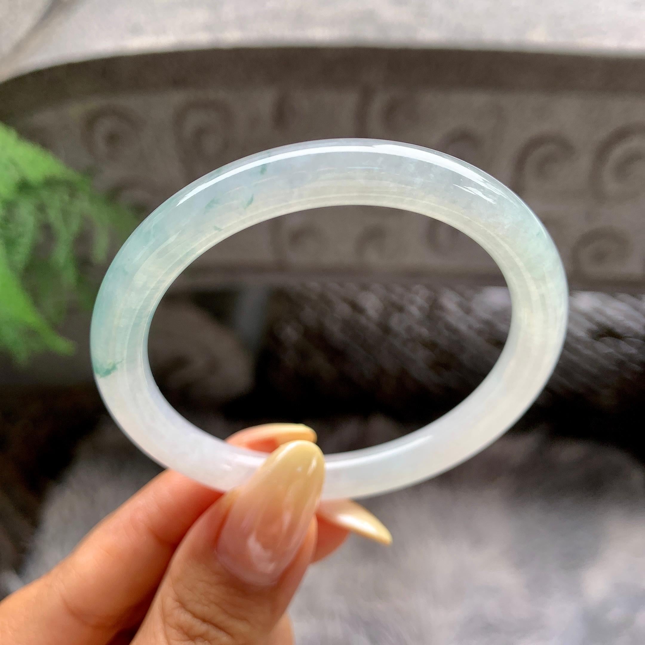 小圈口 糯冰种飘花圆条手镯53圈 天然缅甸A货翡翠（yc481913）