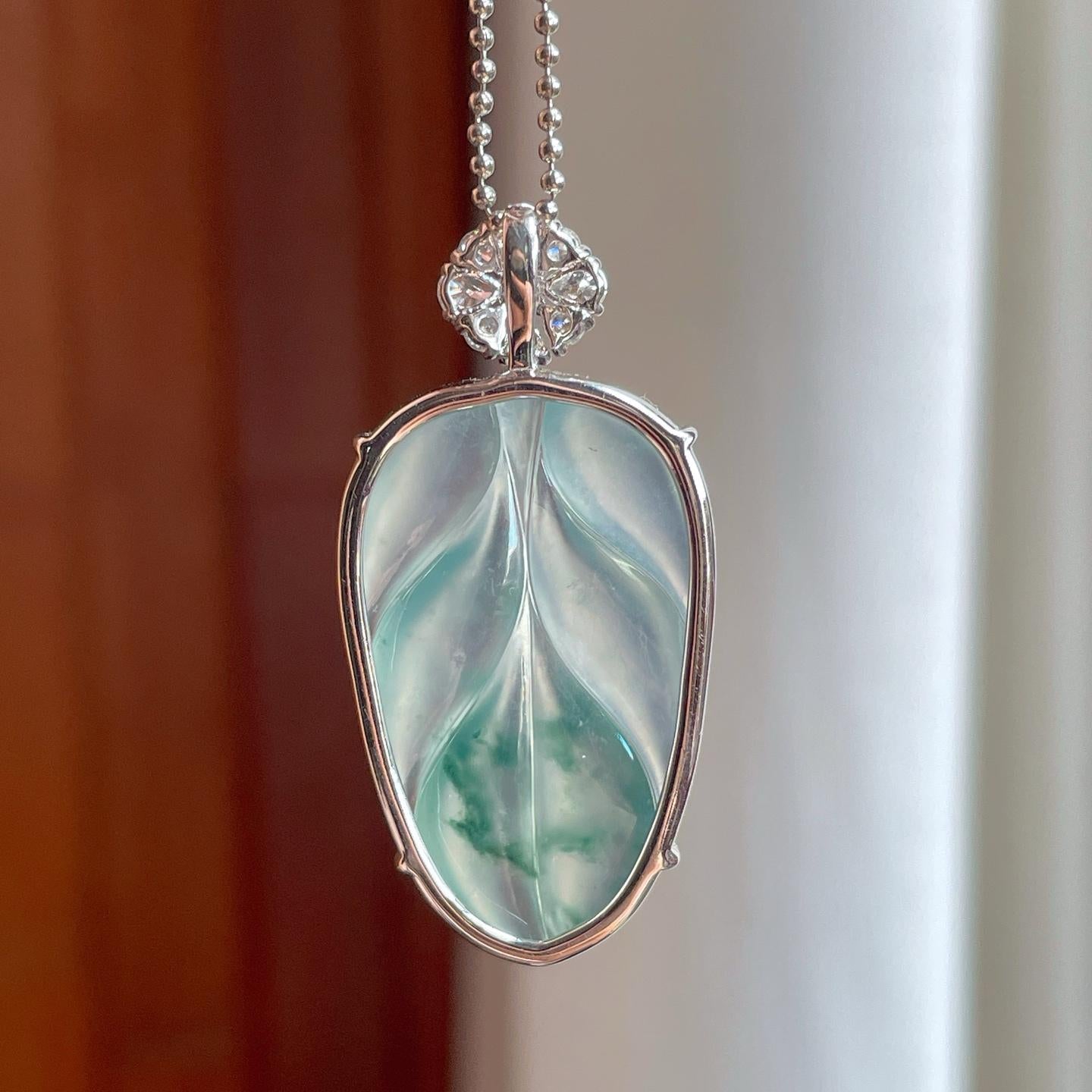 18k金钻镶冰种飘花翡翠叶子（yc261404）