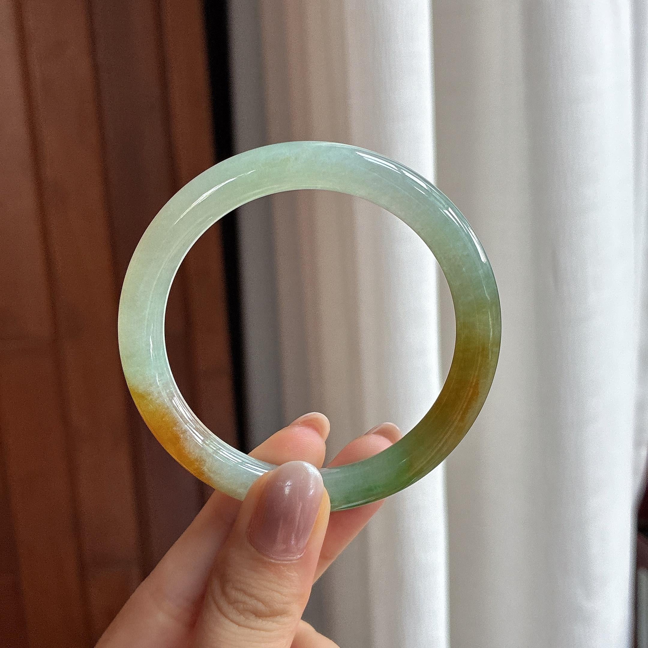 糯冰黄加绿圆条手镯 53圈 天然缅甸A货翡翠（yc507366）