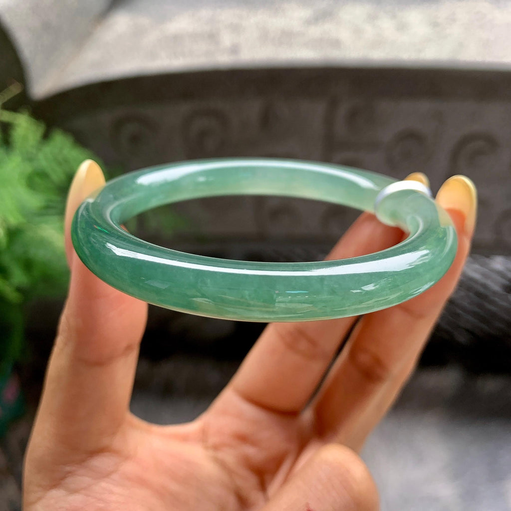 糯冰种油青色圆条手镯55.2圈 天然缅甸A货翡翠（yc481903）