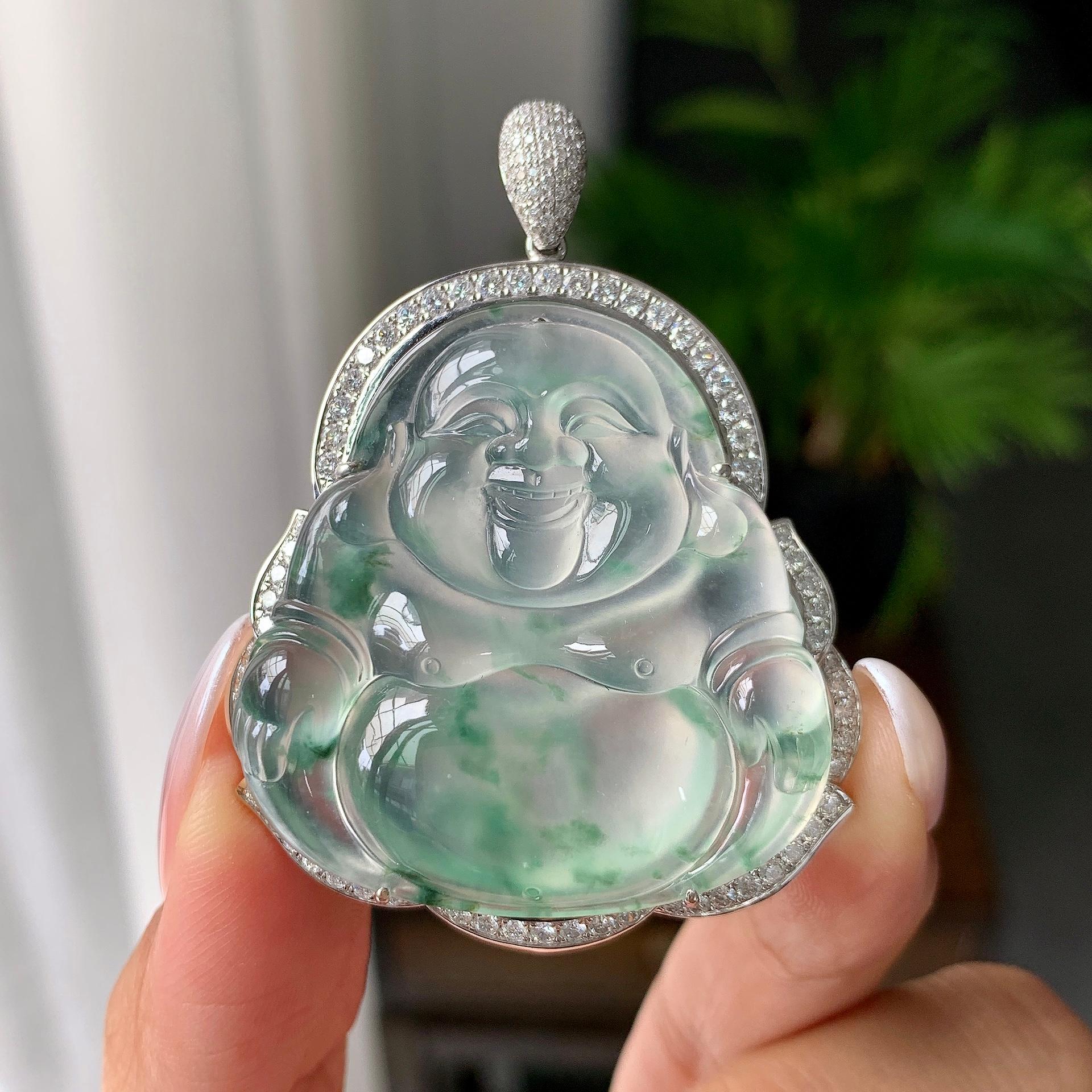 18k金钻镶冰种飘花佛公挂件（yc182089）