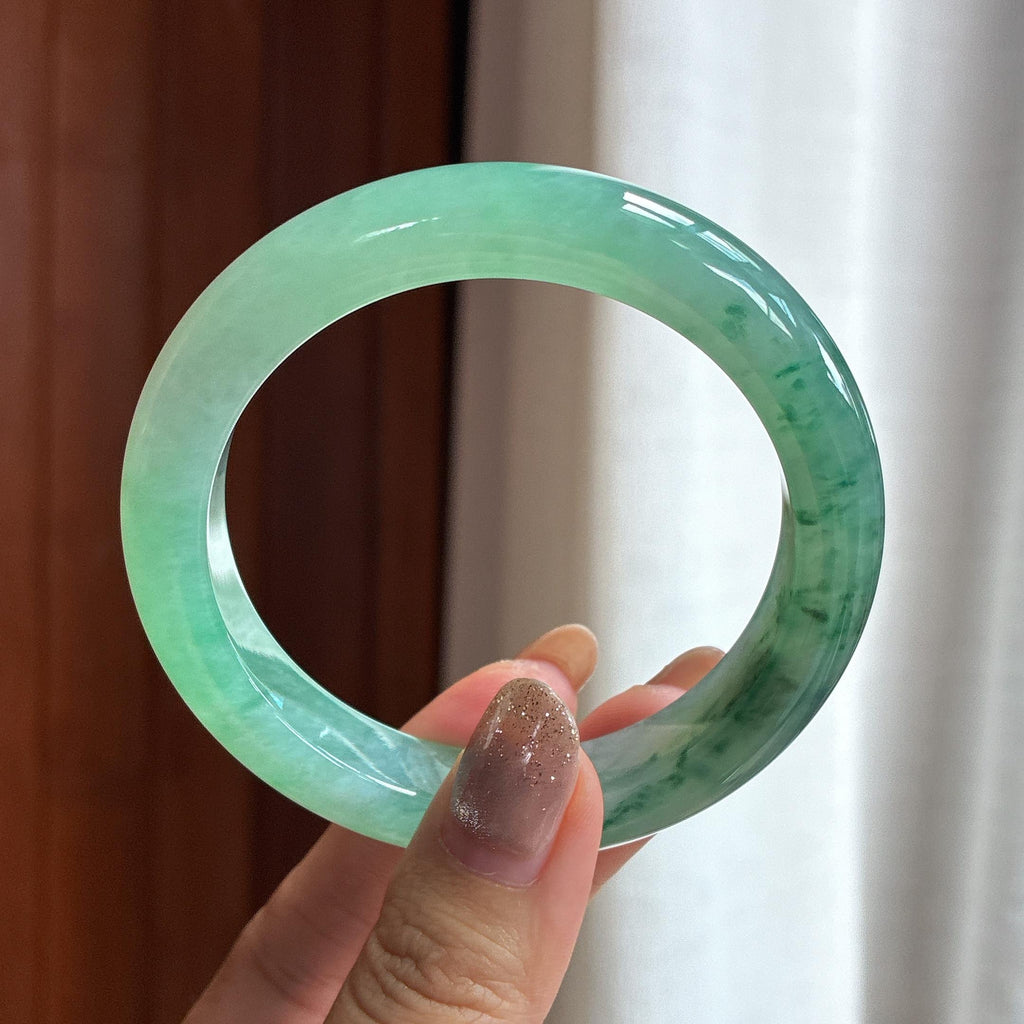 糯冰绿底飘花正圈平安镯 56圈 天然缅甸A货翡翠（yc453867）
