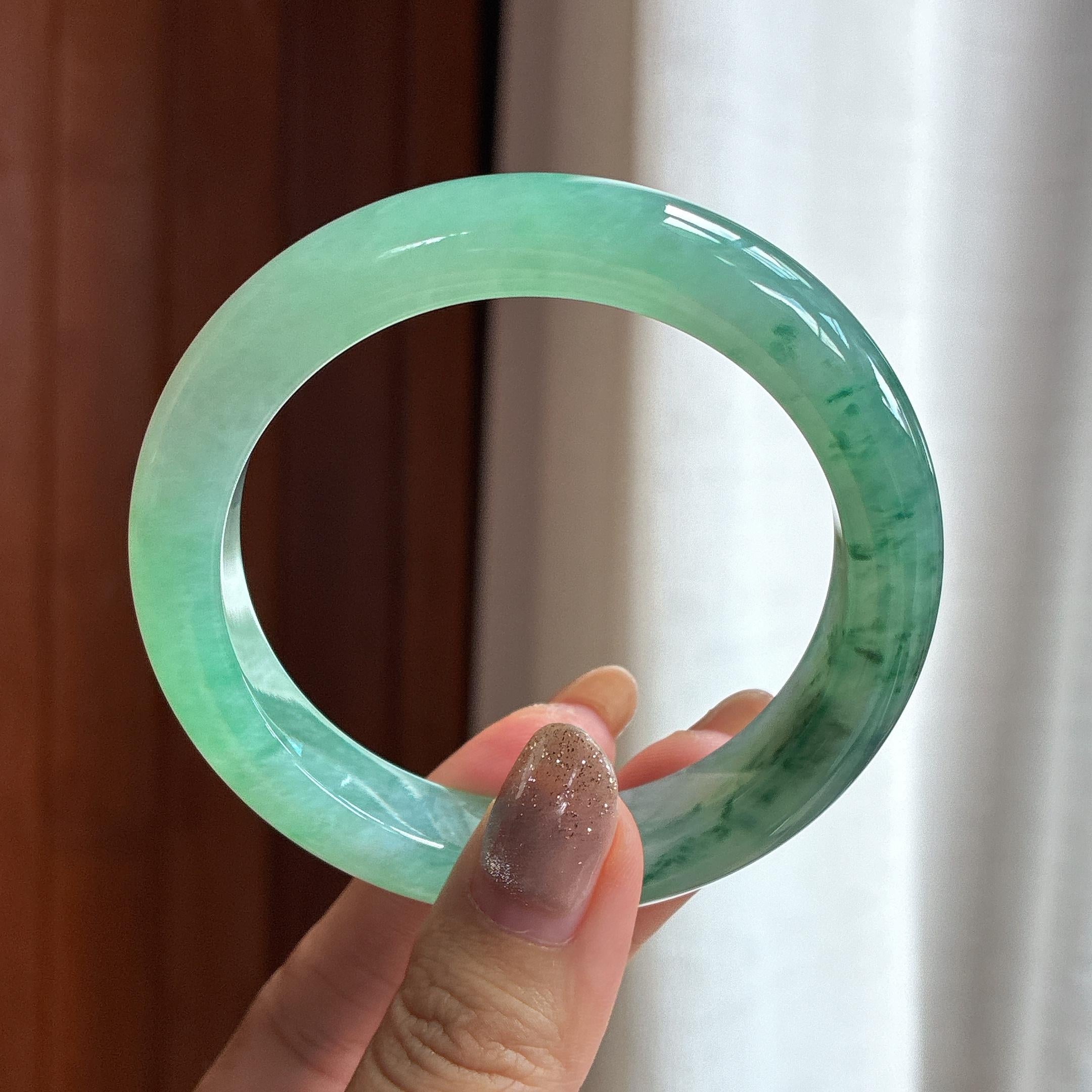 糯冰绿底飘花正圈平安镯 56圈 天然缅甸A货翡翠（yc453867）