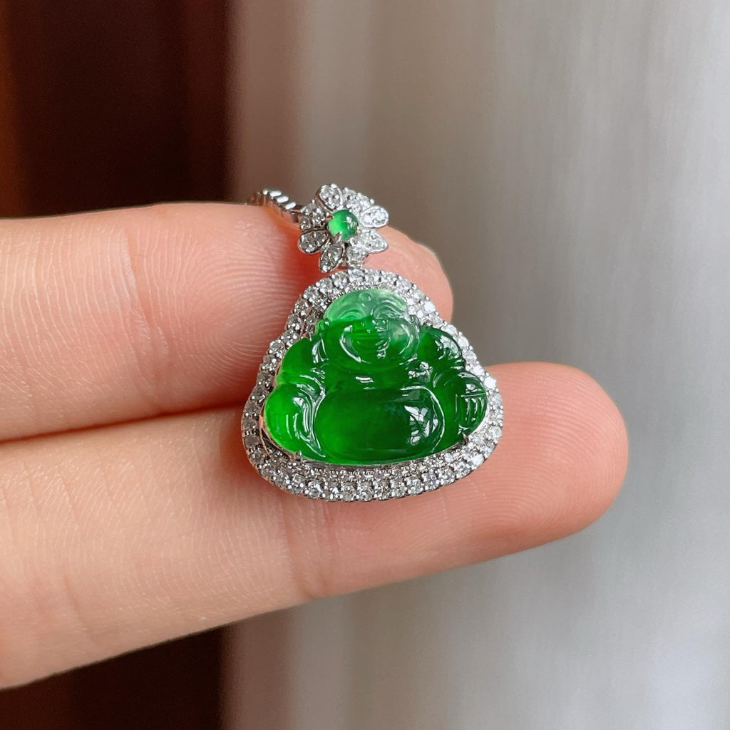 18k金镶冰种满绿翡翠佛公（yc247657）