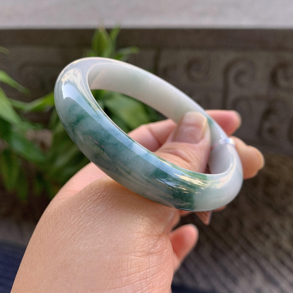 细糯种飘蓝花正圈平安镯55圈口 天然缅甸A货翡翠（yc330286）