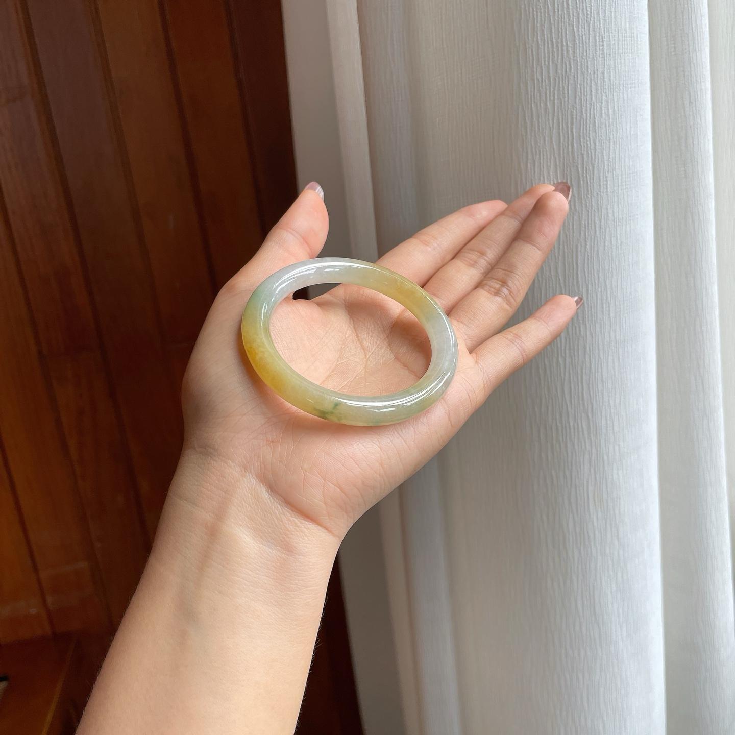 糯冰黄翡飘花翡翠圆条手镯（52.5mm）（yc361781）