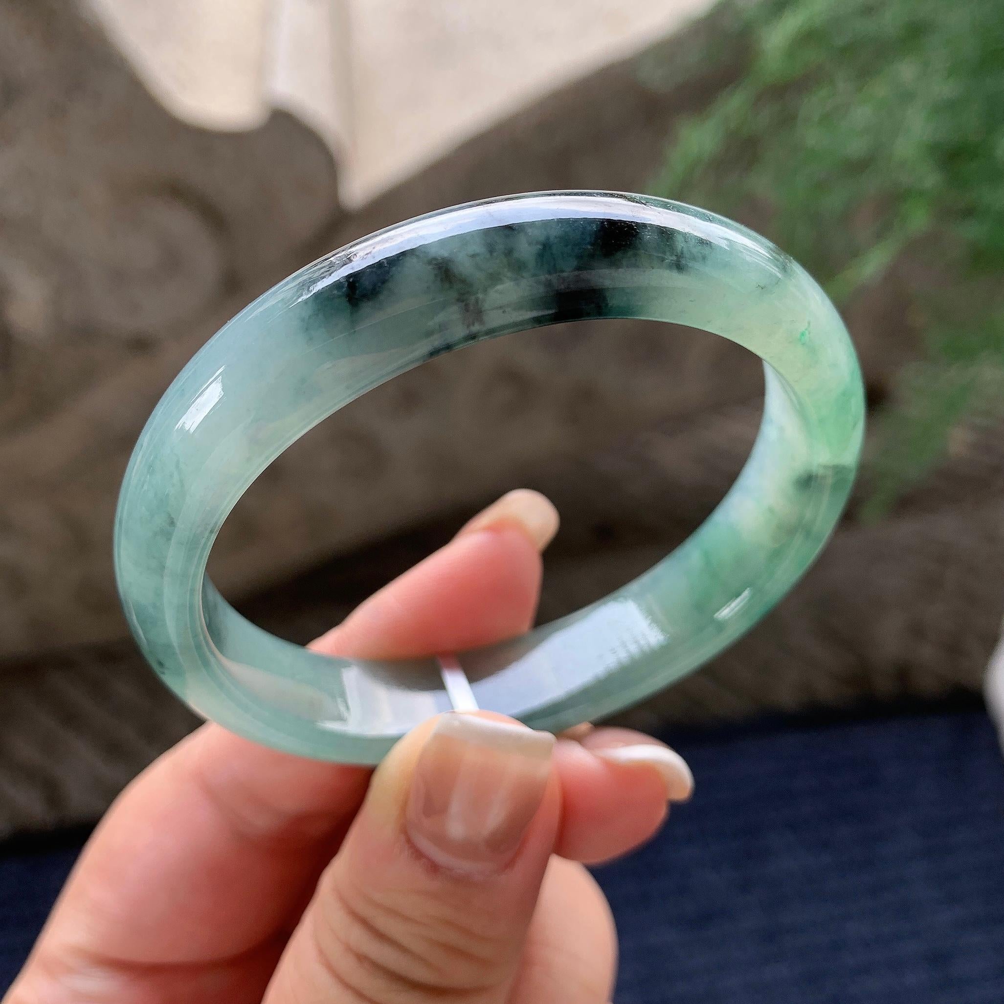 小圈口 糯冰种飘蓝花贵妃手镯 53.8圈口 天然缅甸A货翡翠（yc381959）