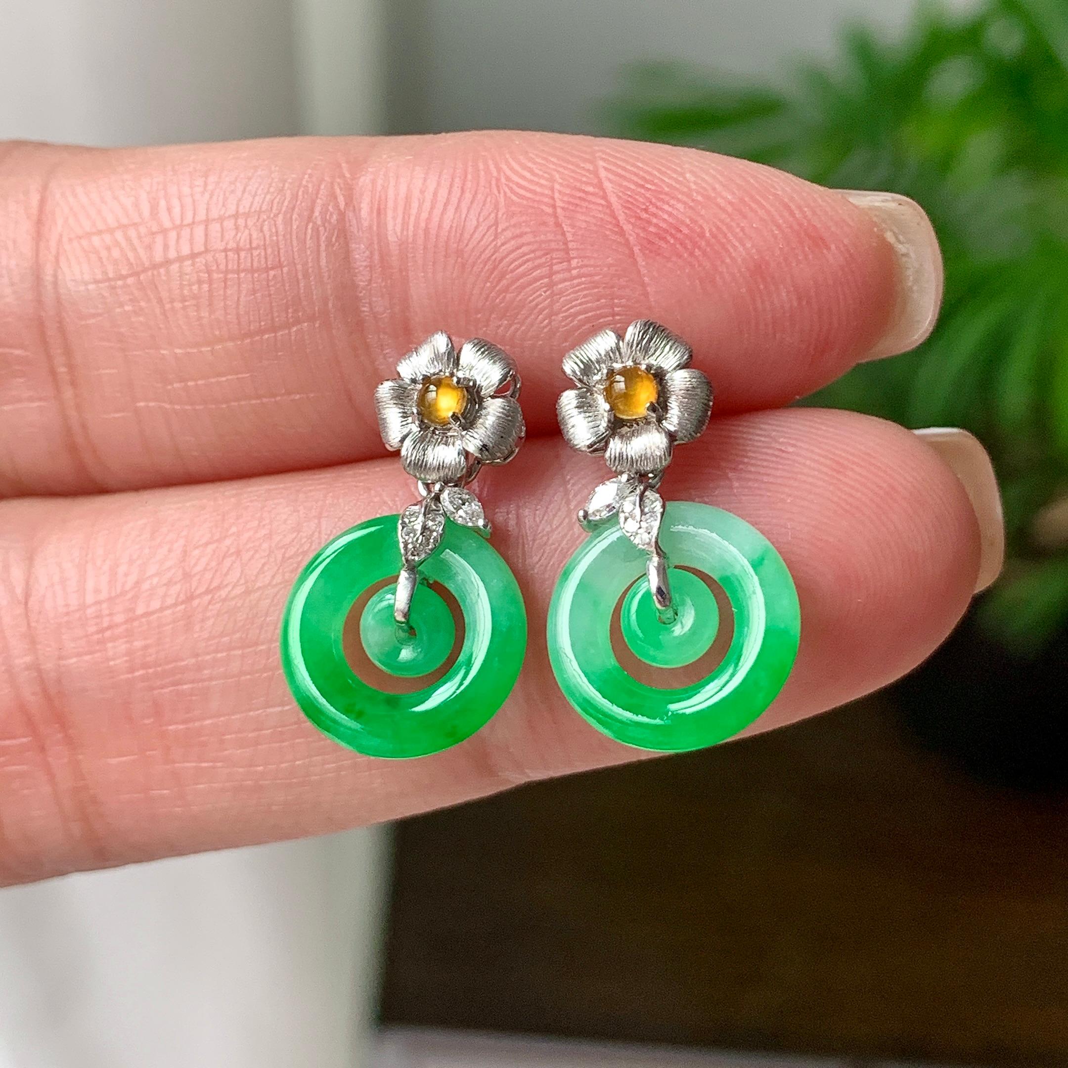 18K金钻镶糯冰种飘阳绿平安扣耳坠  天然缅甸A货翡翠（yc362082）