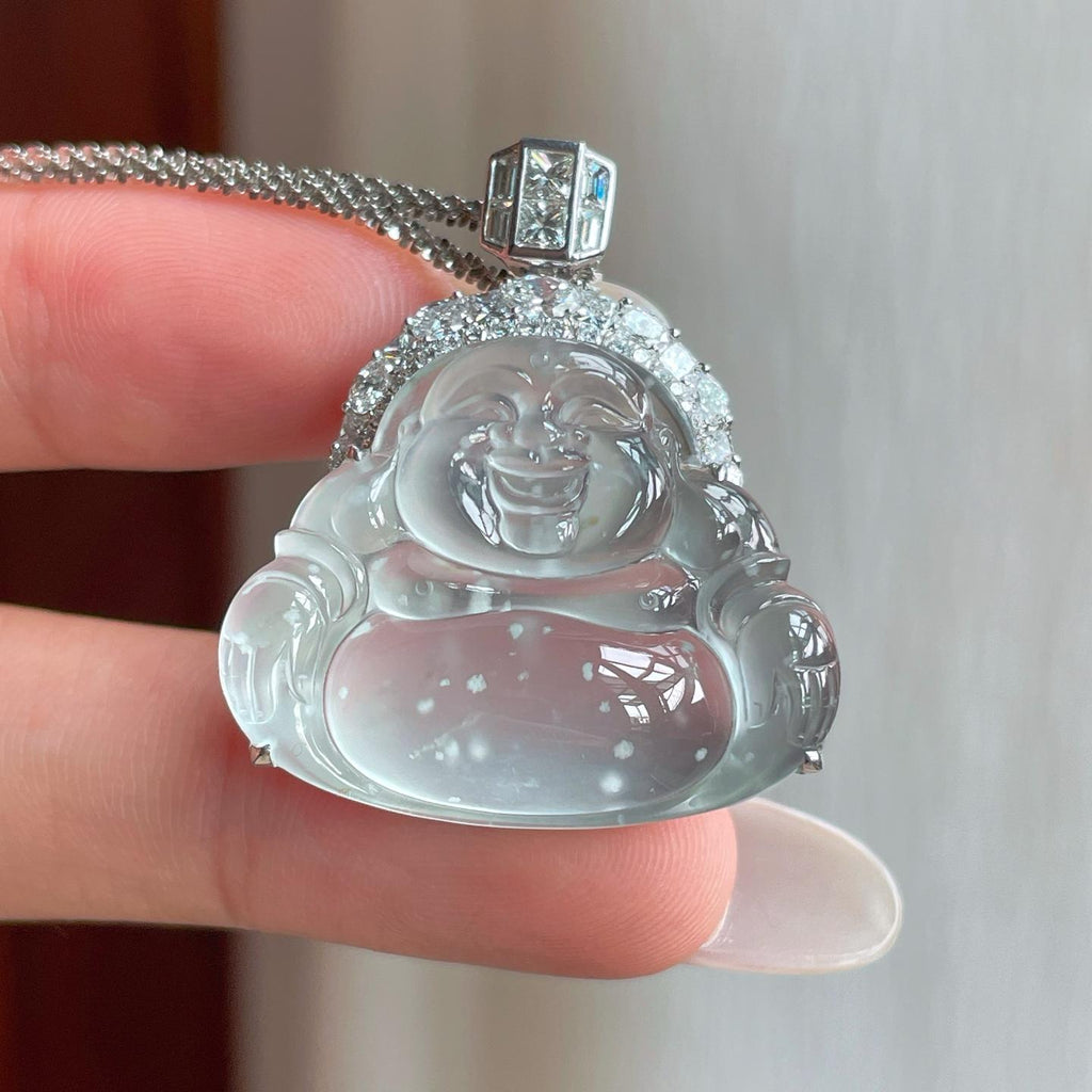 18k金镶冰玻种雪花棉翡翠佛公（yc263541）