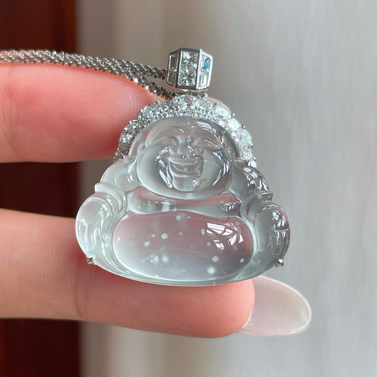 18k金镶冰玻种雪花棉翡翠佛公（yc263541）