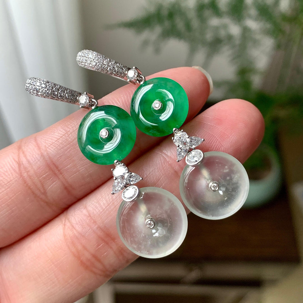 18K金钻镶糯冰种满绿平安扣耳坠（yc253819）