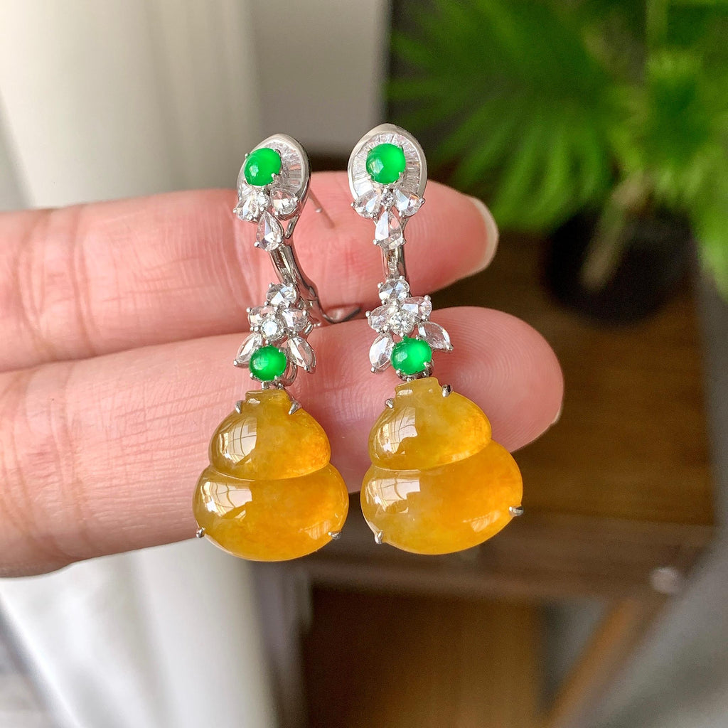 18K金钻镶糯冰种黄翡葫芦耳坠（yc248199）