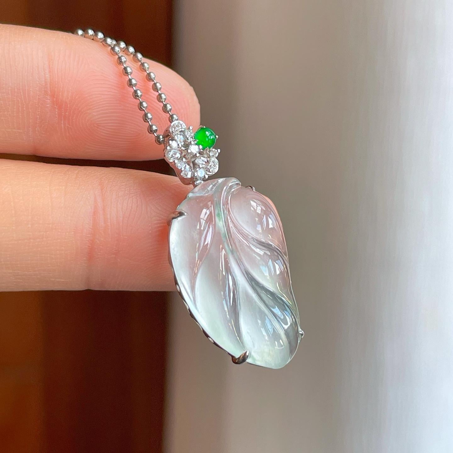 18k金钻镶冰玻种翡翠叶子（yc311391）