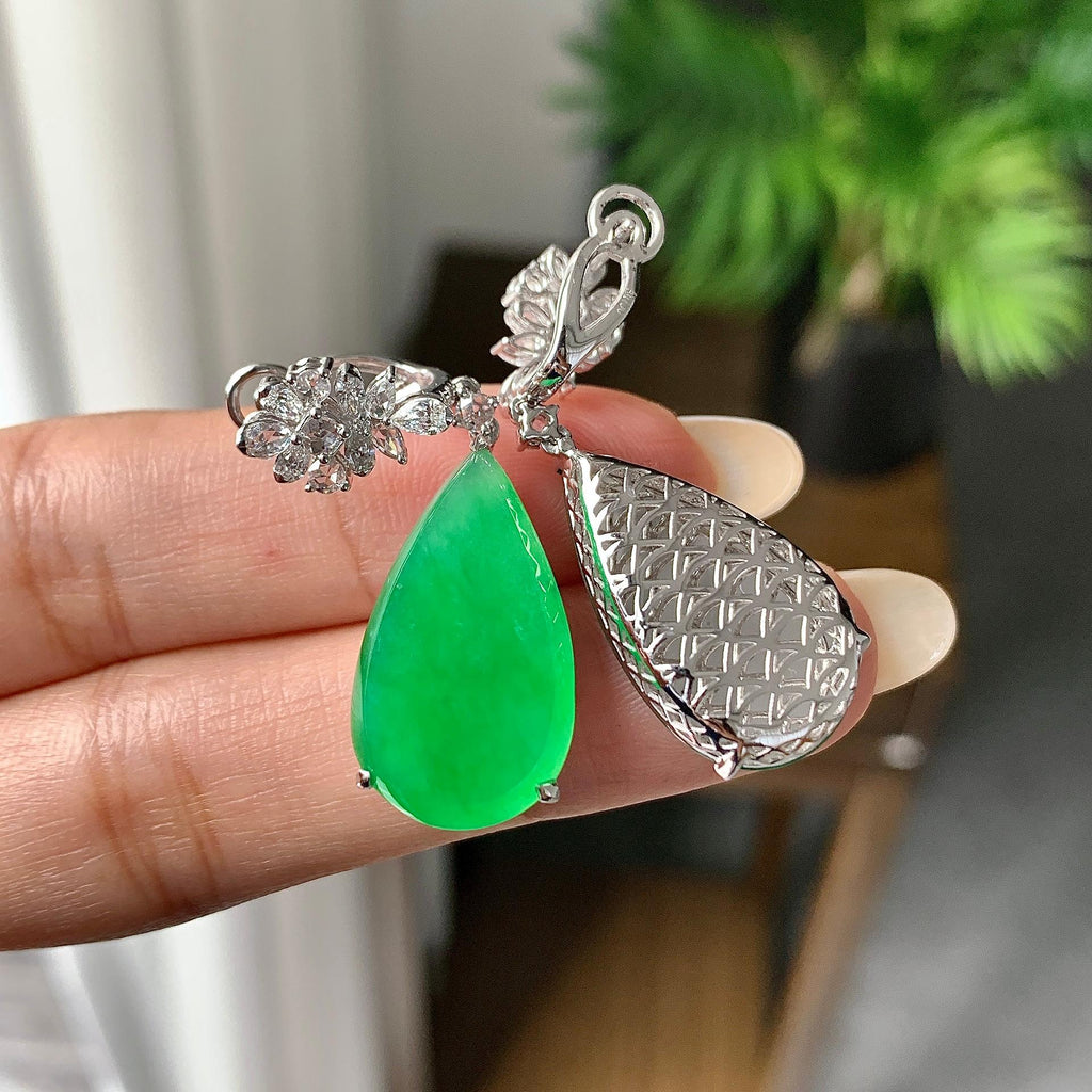 18k金钻镶糯冰种满绿水滴耳坠（yc253841）