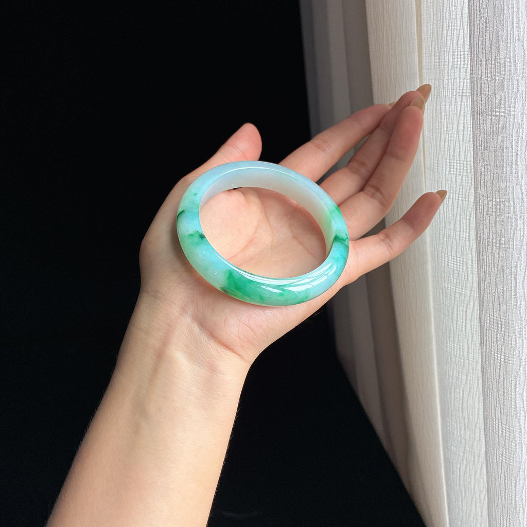 糯冰带色水墨花翡翠平安镯 58圈天然缅甸A货翡翠（yc438145）