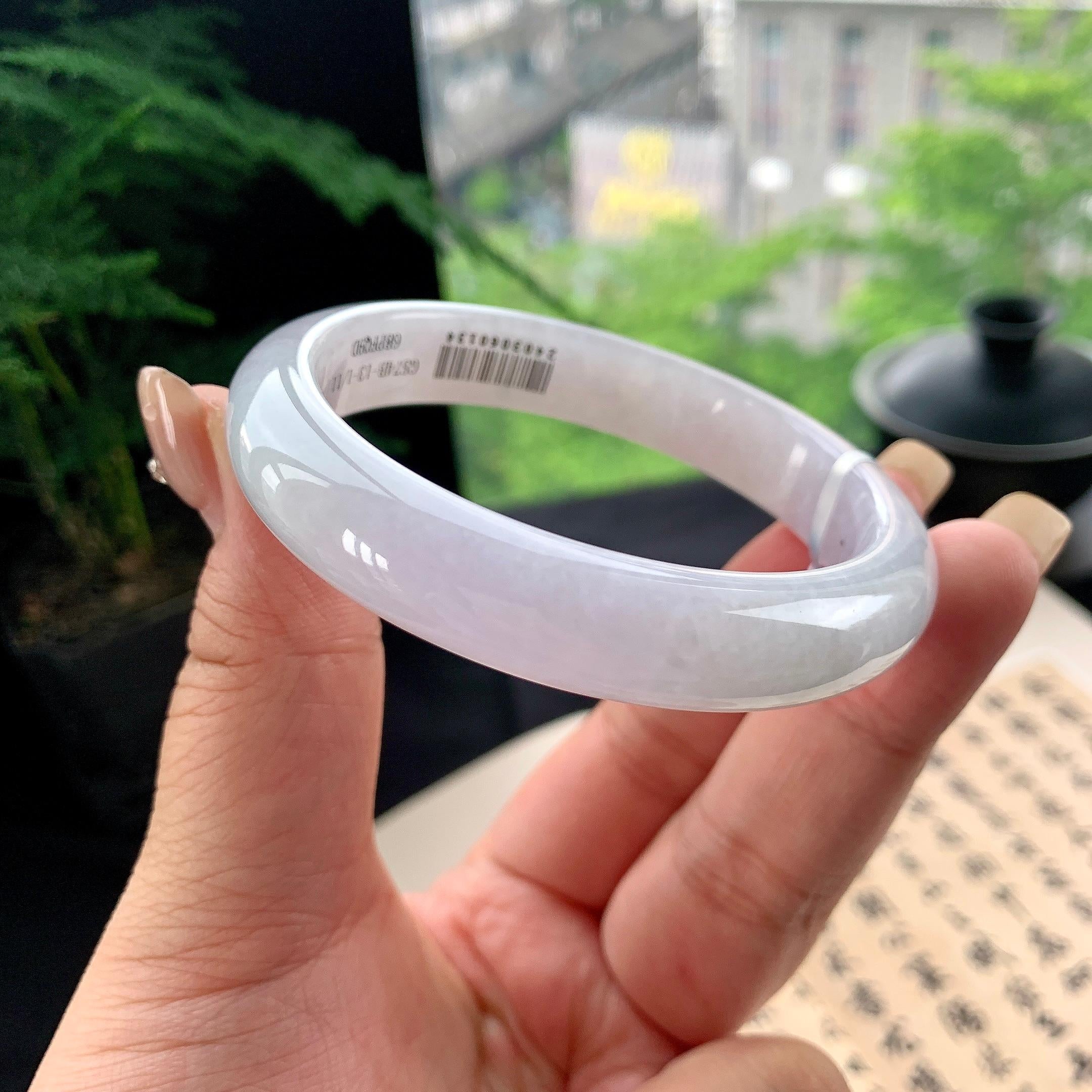 细糯种淡紫罗兰正圈平安镯 57圈口 天然缅甸A货翡翠（yc473074）