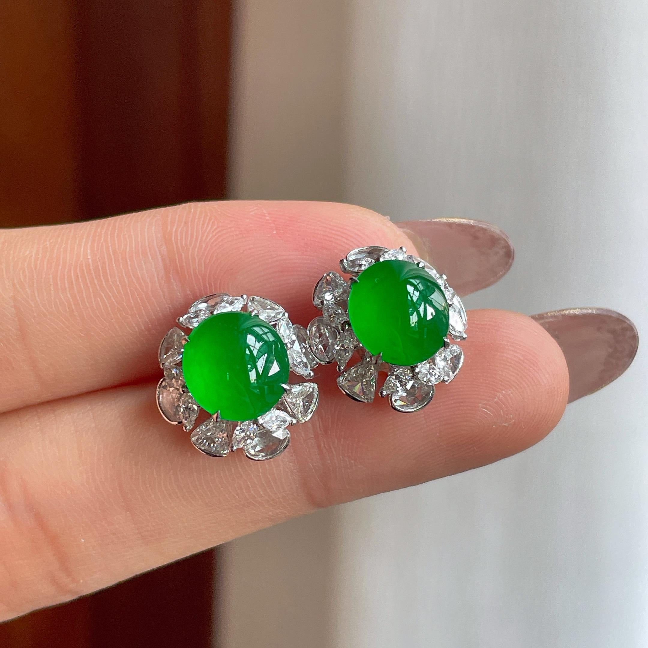 18k金钻镶冰种满绿翡翠耳饰（yc356772）