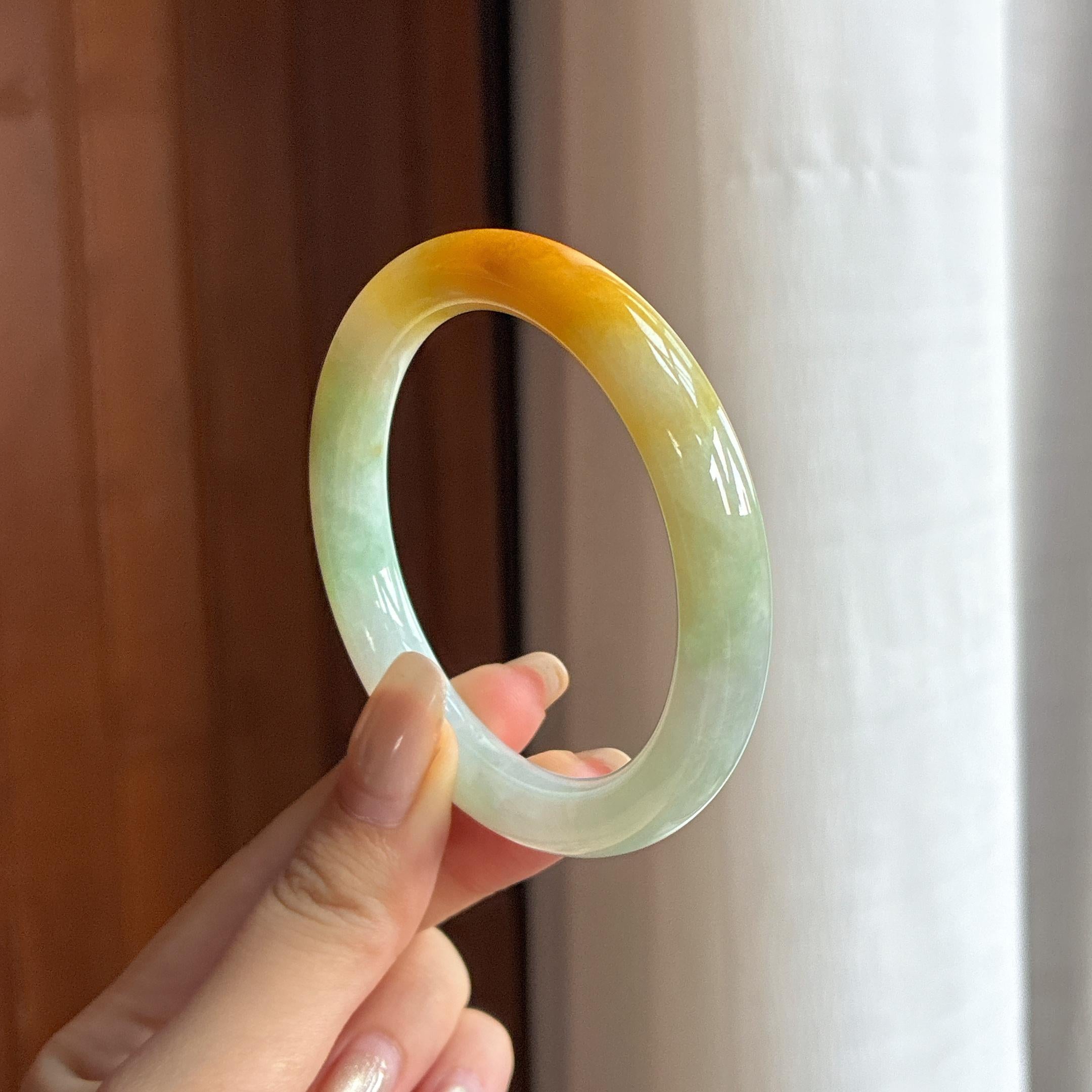 细糯种黄加绿圆条手镯 54圈 天然缅甸A货翡翠（yc455108）