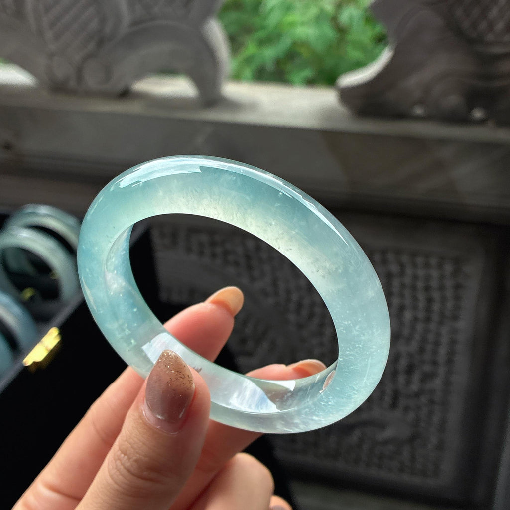 高冰种起光晴底雪花棉正圈平安镯 54圈 天然缅甸A货翡翠（yc454013）