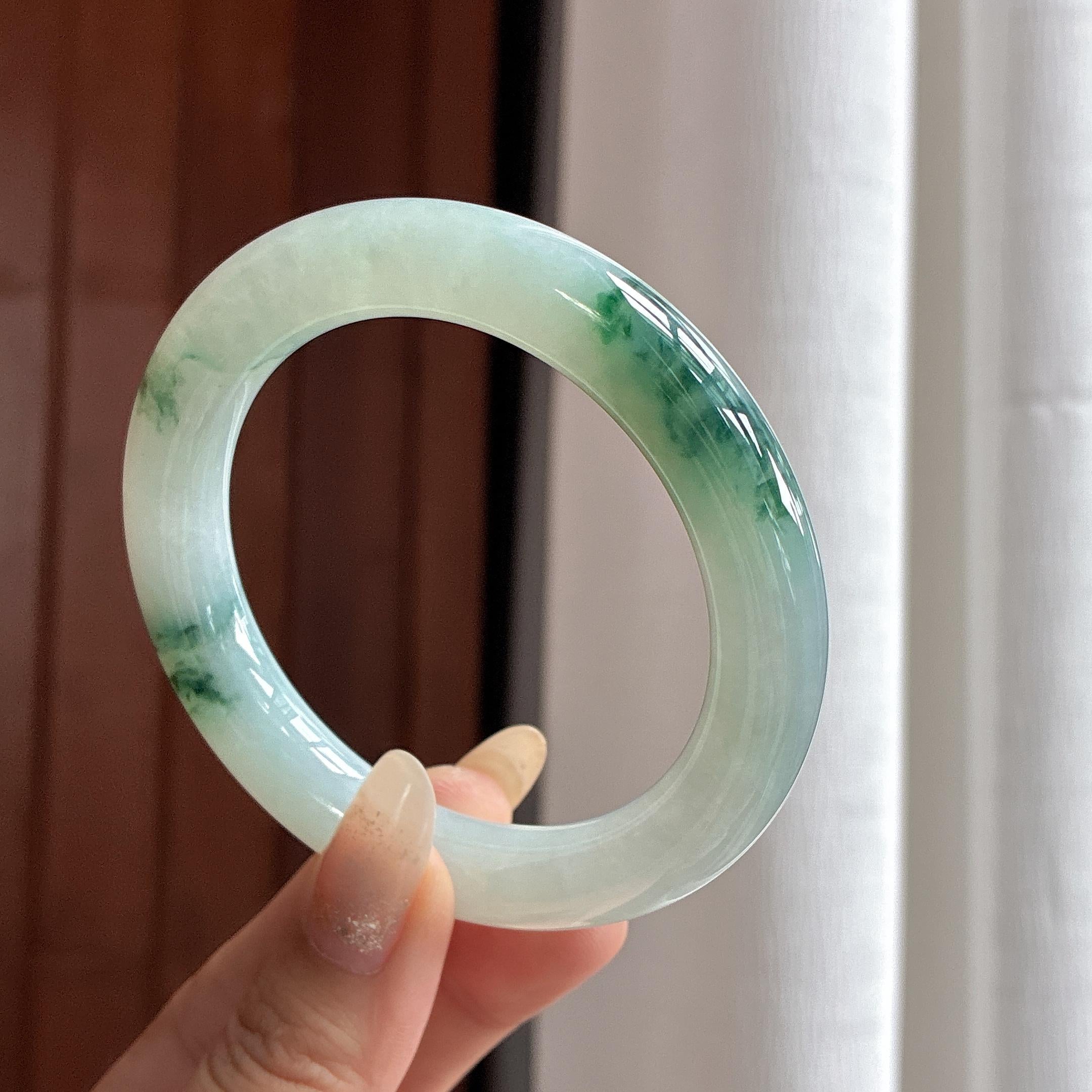 糯冰飘花圆条手镯 58圈 天然缅甸A货翡翠（yc503894）