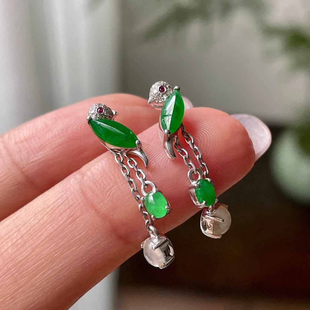 18k金钻镶糯冰种满绿随型耳钉   天然缅甸A货翡翠（yc319045）