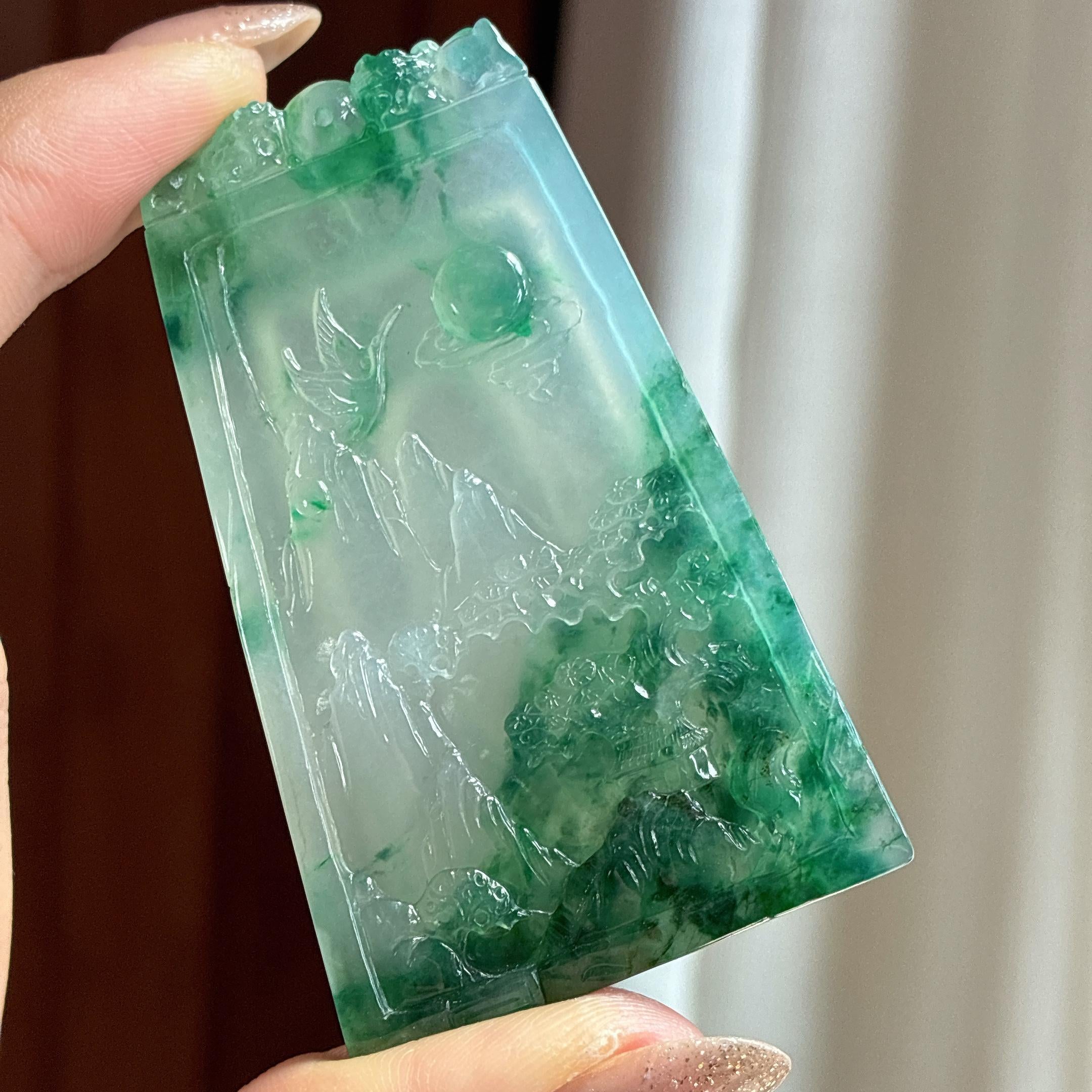冰种飘花山水牌 天然缅甸A货翡翠（yc453188）