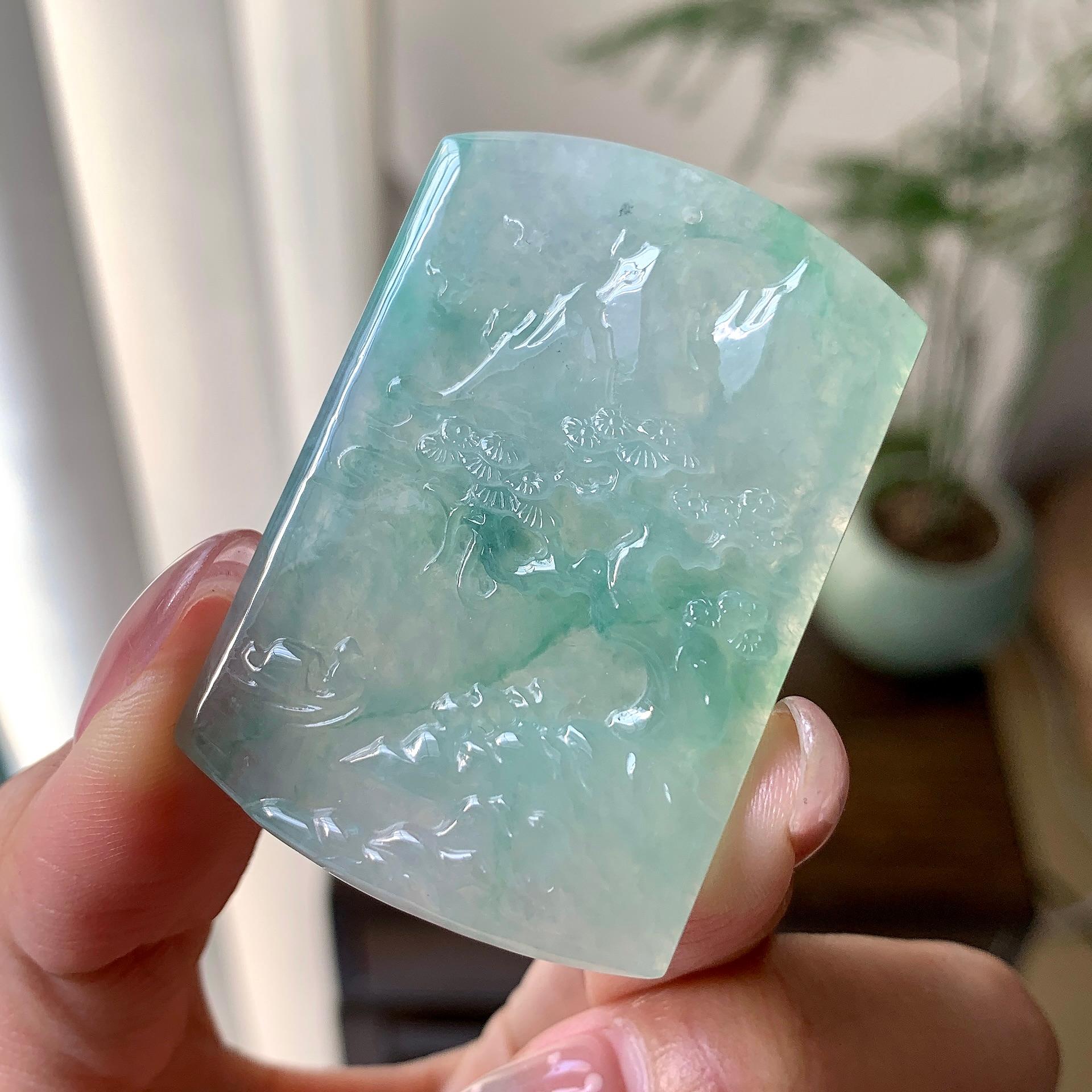 糯冰种翠绿山水牌挂件（yc284447）