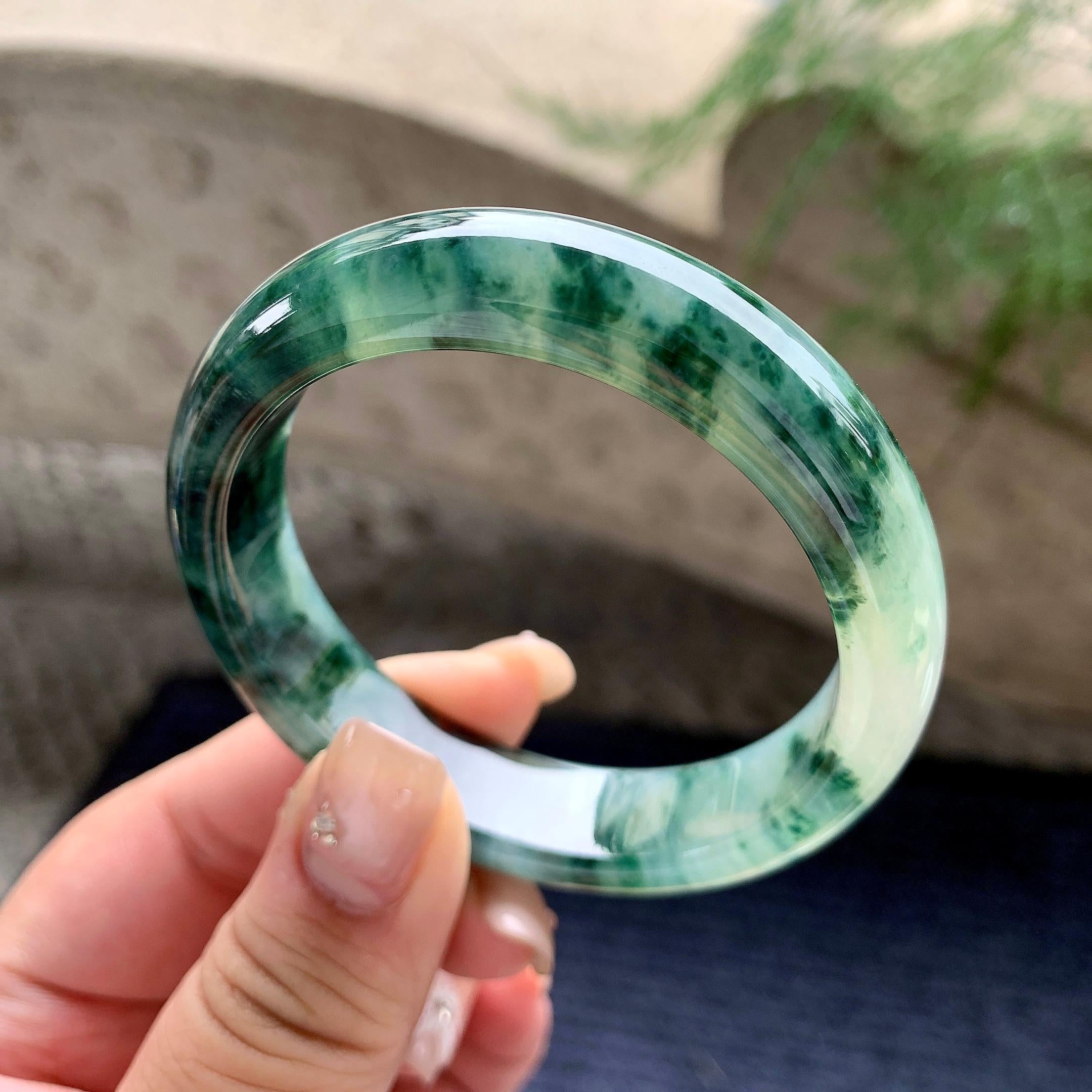 细糯种飘蓝花正圈平安镯 54圈口 天然缅甸A货翡翠（yc467979）