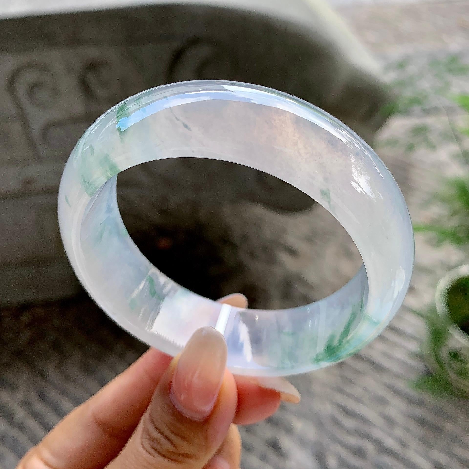 糯冰种飘花宽版轮胎手镯（58.7mm）（yc202334）