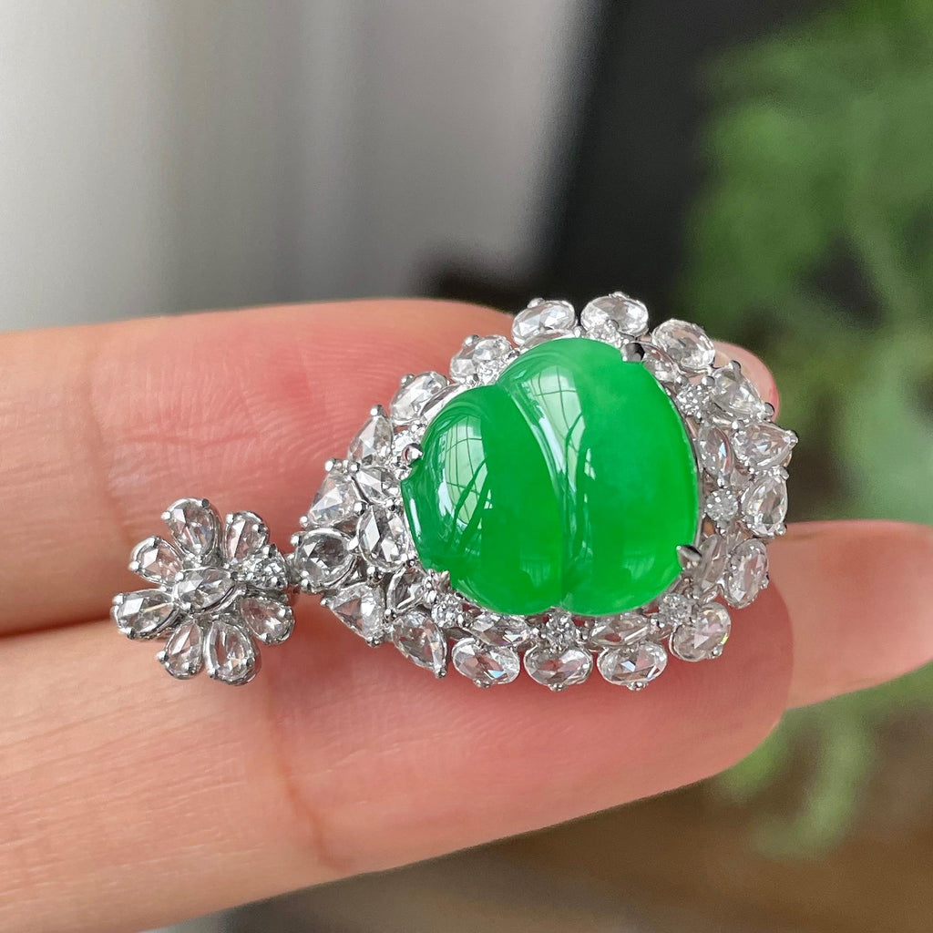 18k金钻镶冰种满绿葫芦吊坠          天然缅甸A货翡翠（yc448346）