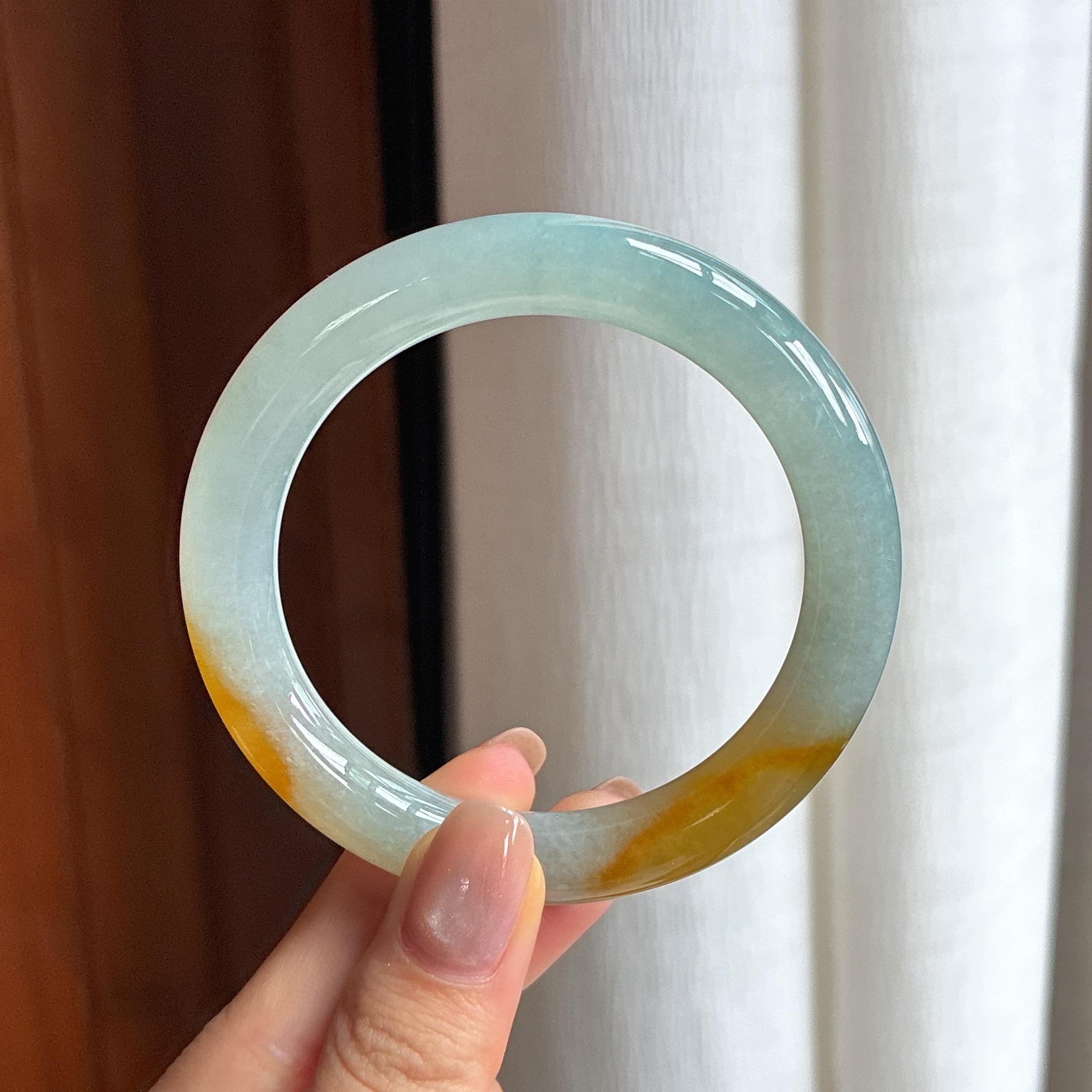 糯冰黄翡翡翠圆条手镯（yc426405）
