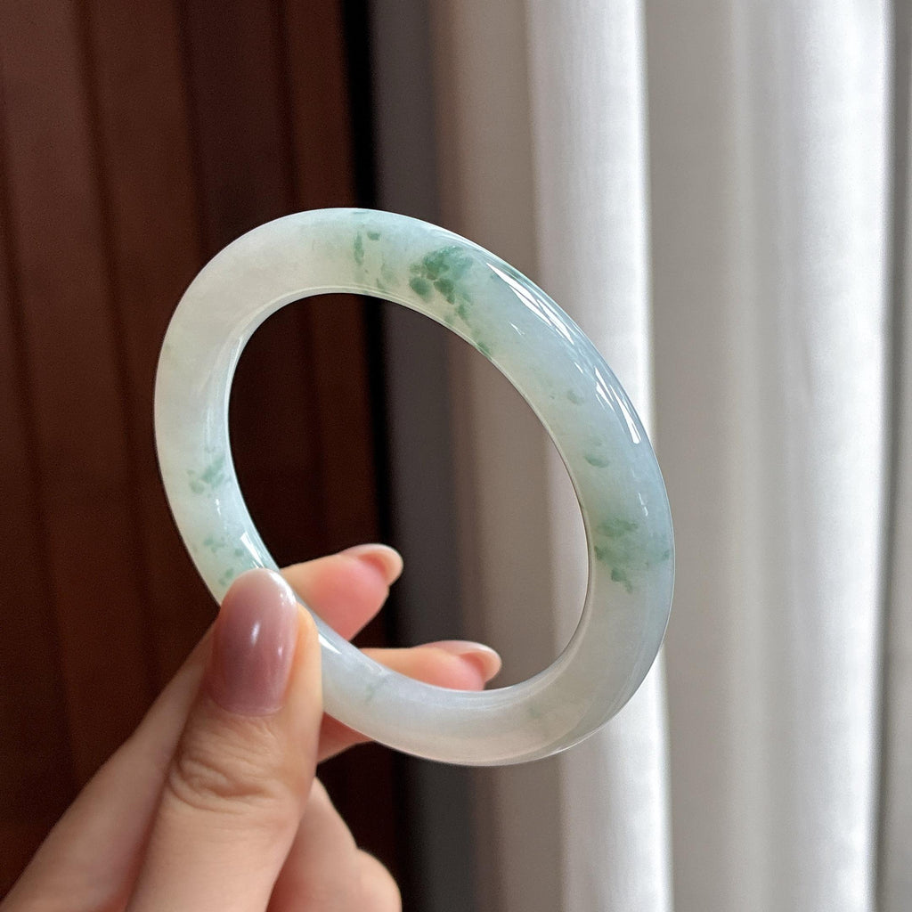 糯冰飘花圆条手镯 54圈 天然缅甸A货翡翠（yc504717）