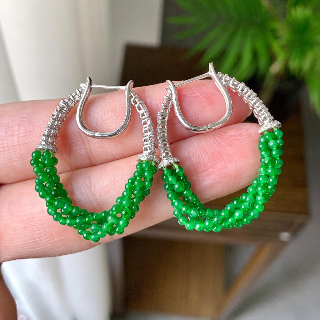 18K金钻镶糯冰种满绿小米珠耳坠（yc248201）