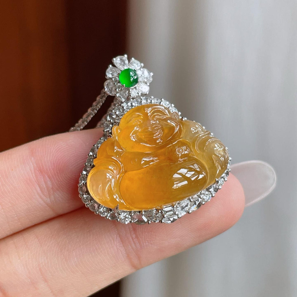 18k金钻镶冰种黄翡翡翠佛公（yc263546）