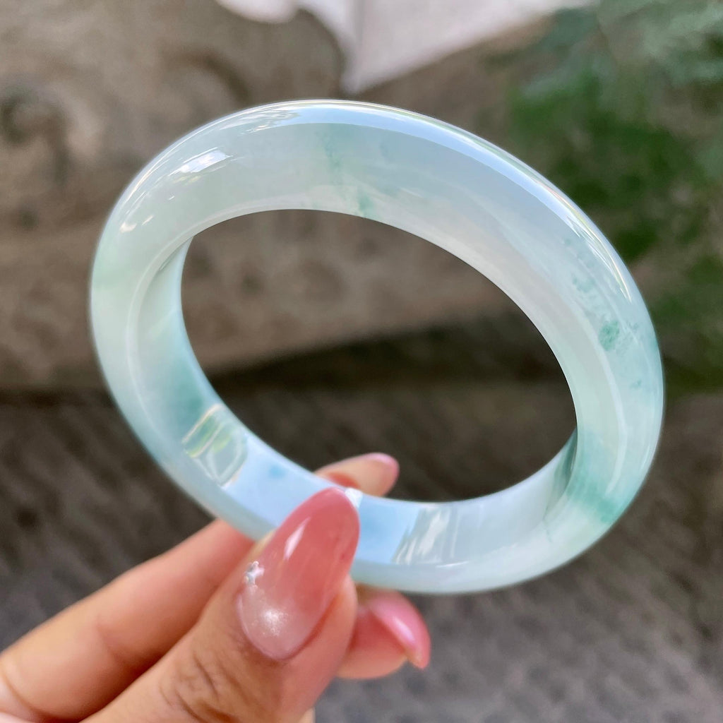小圈口      糯冰种飘花正圈平安镯53圈       天然缅甸A货翡翠（yc431599）