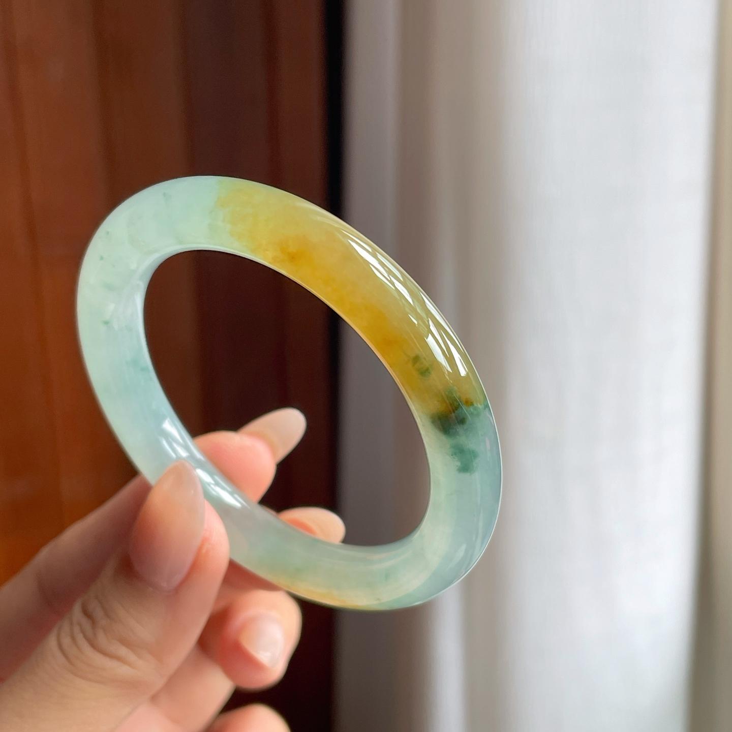 冰种黄翡飘花翡翠圆条手镯（51.5mm）（yc240467）