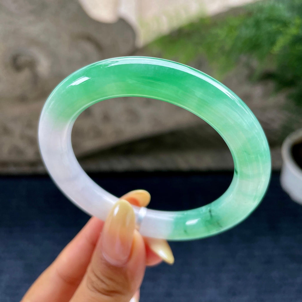小圈口 糯冰种翠绿圆条手镯53.3圈 天然缅甸A货翡翠（yc489326）