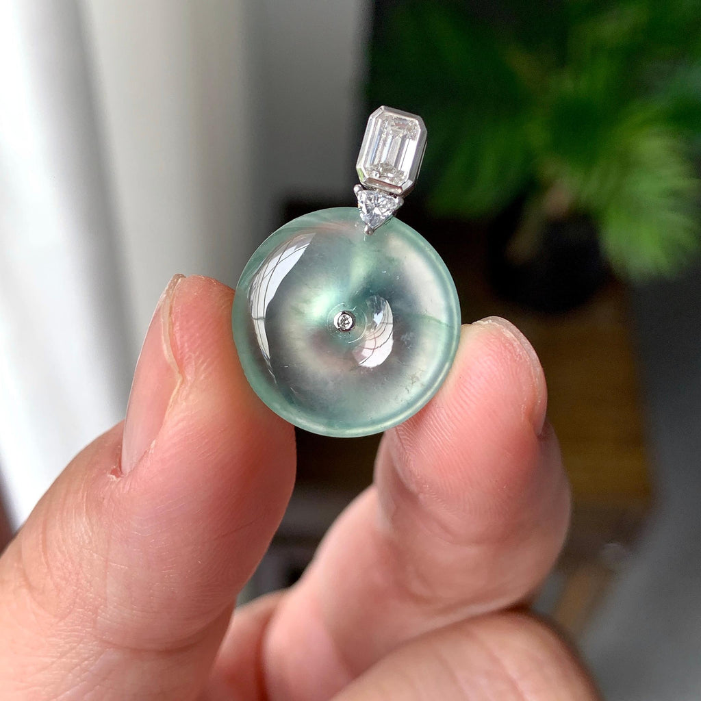 18K金钻镶冰种淡晴底平安扣吊坠（yc257220）