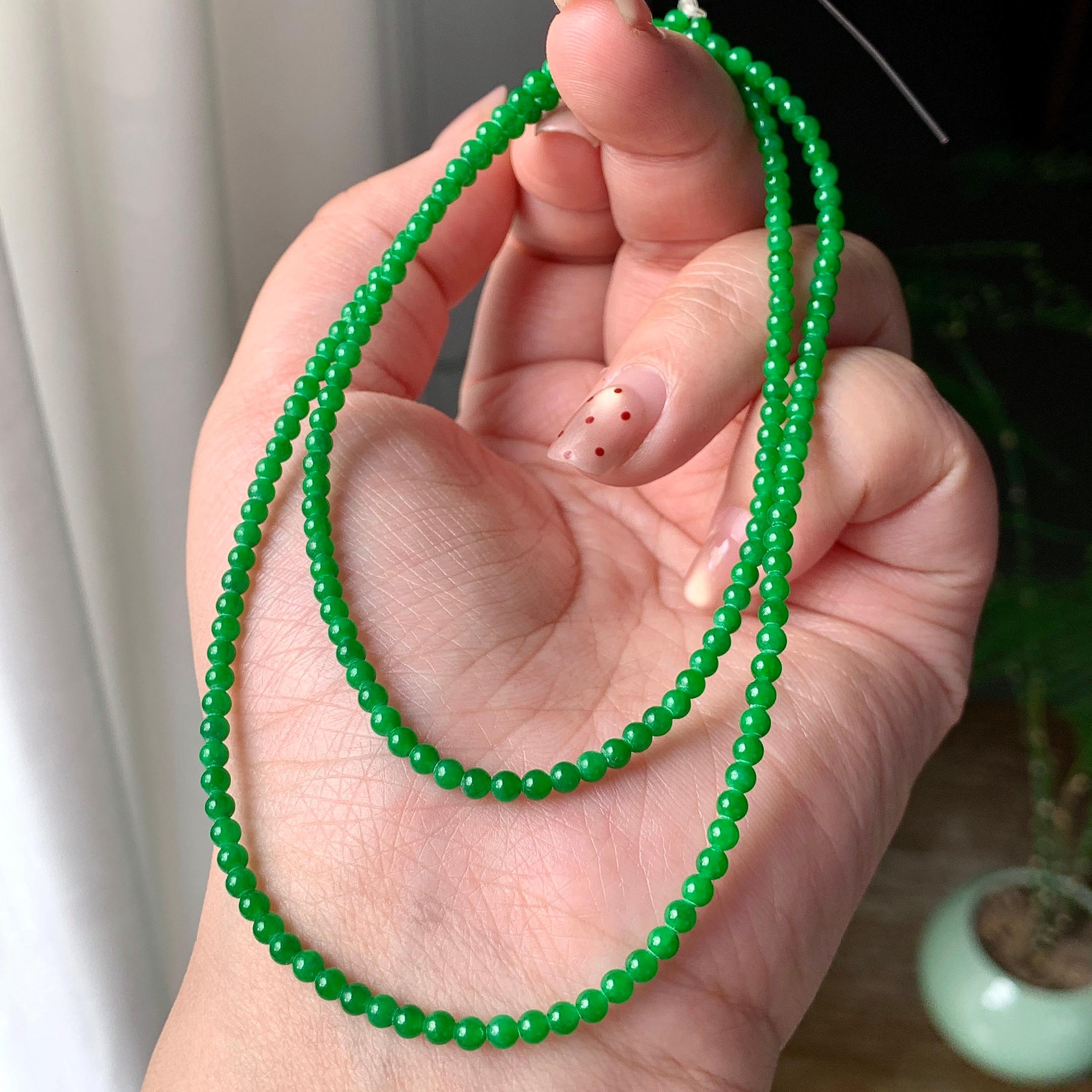 糯冰种阳绿小米珠链（186颗） 天然缅甸A货翡翠（yc355303）