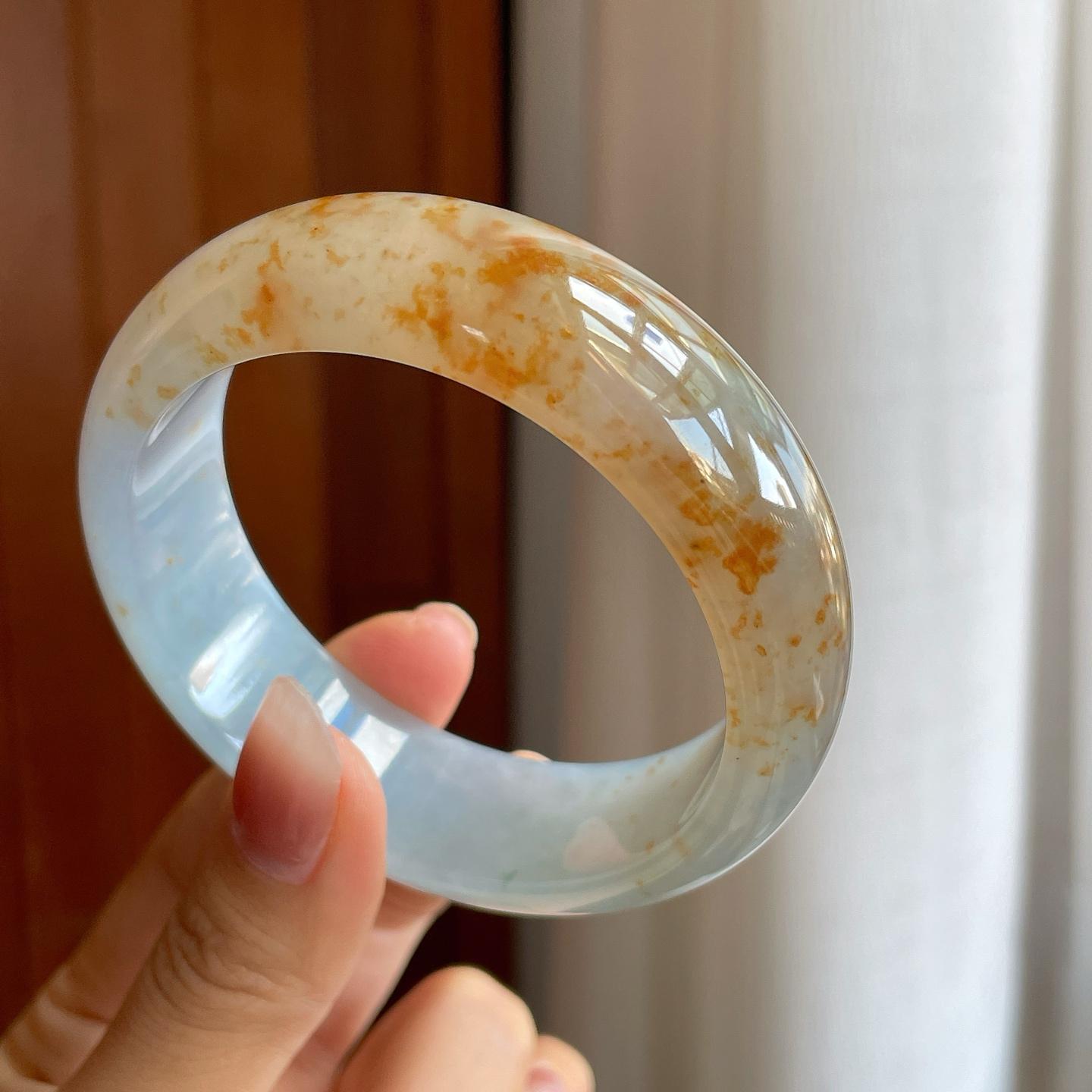 冰种飘黄翡翠宽版平安镯（59.6mm）（yc318556）