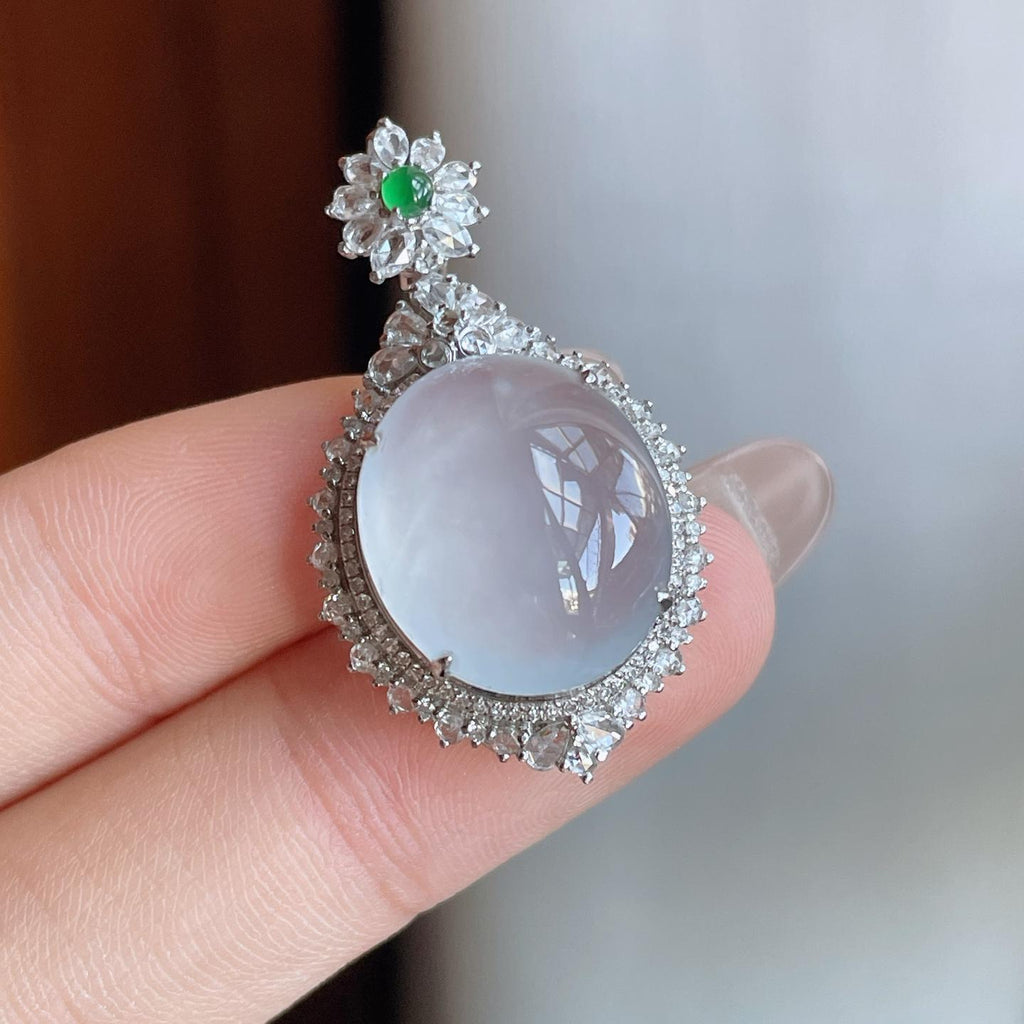 18k金镶冰玻种无色翡翠蛋面（yc242743）