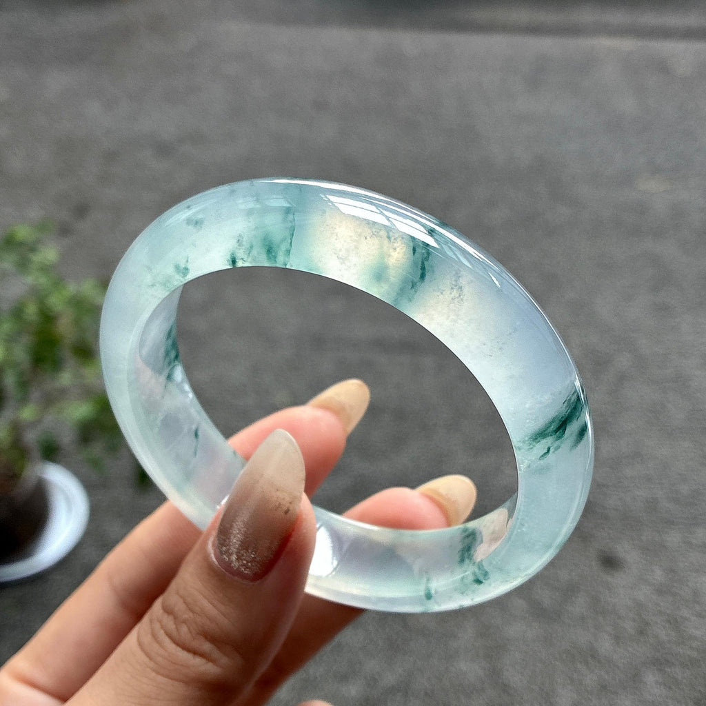 高冰种起光飘花正圈平安镯 56圈 天然缅甸翡翠Ａ货（yc487457）