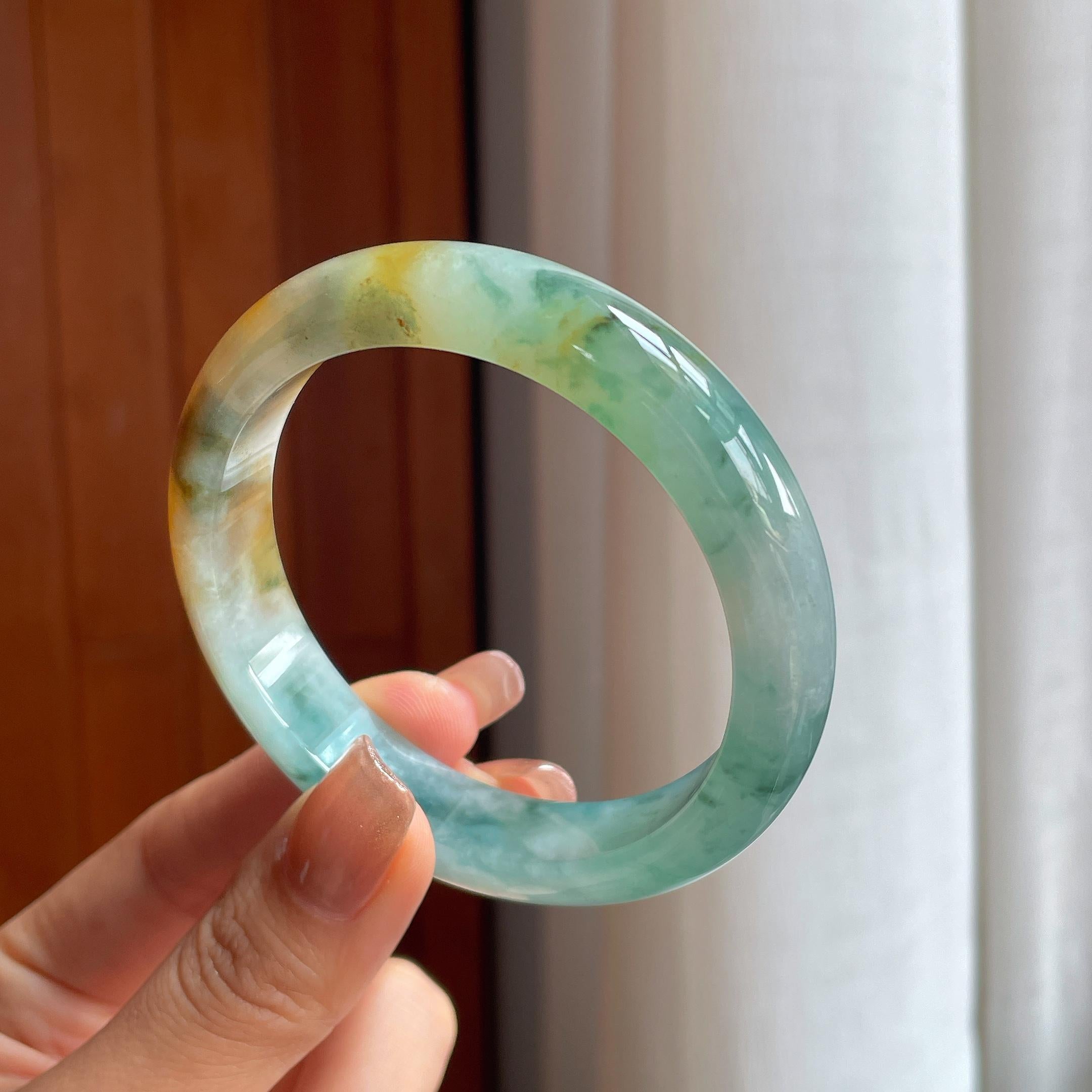 糯冰黄翡飘花特色翡翠平安镯（58mm）（yc363435）