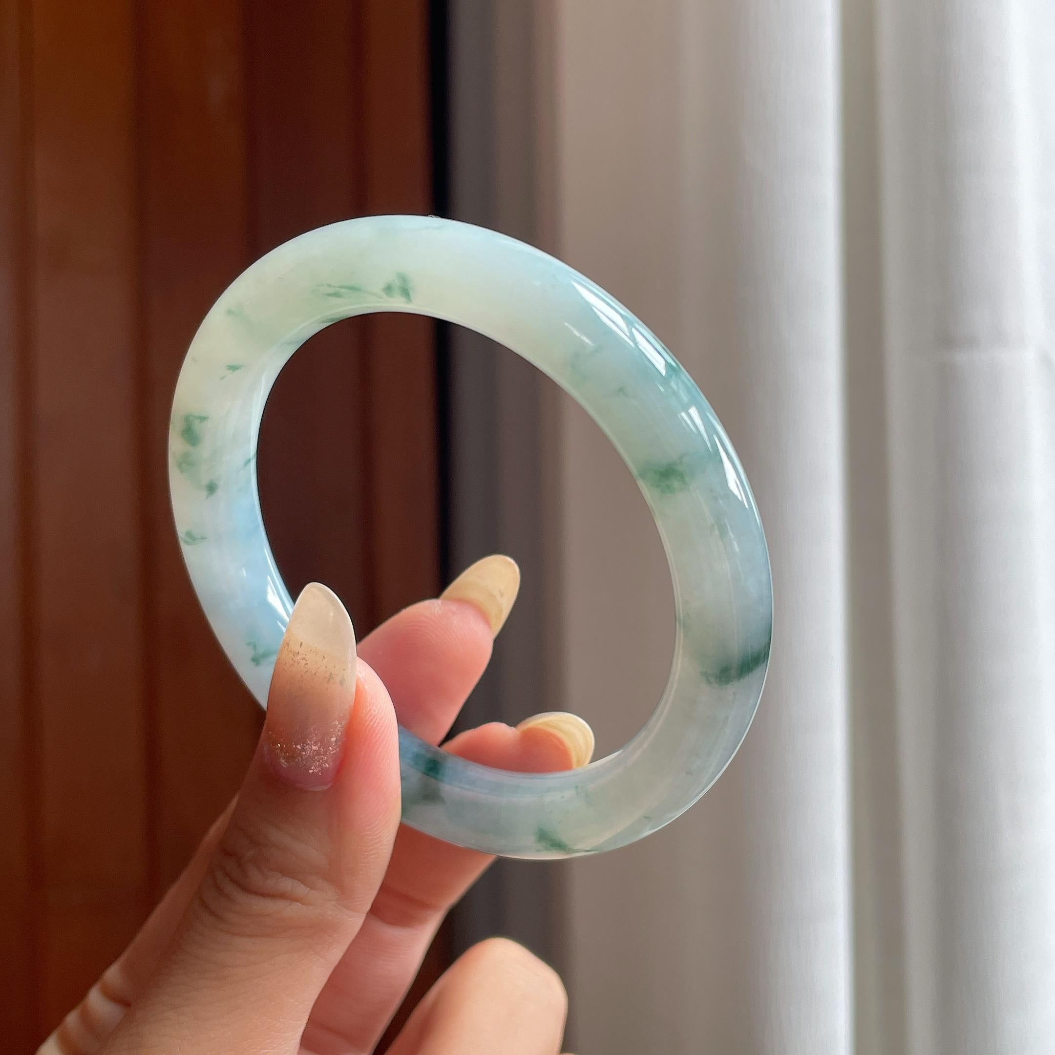 糯冰飘花带紫圆条手镯 55圈 天然缅甸A货翡翠（yc498917）