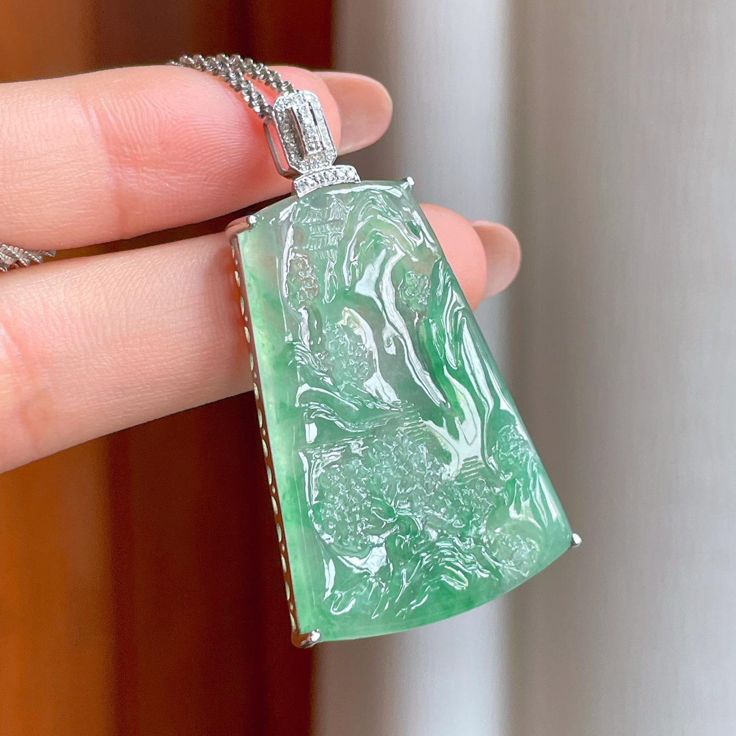 18k金扣头冰种飘花翡翠山水牌（yc356378）