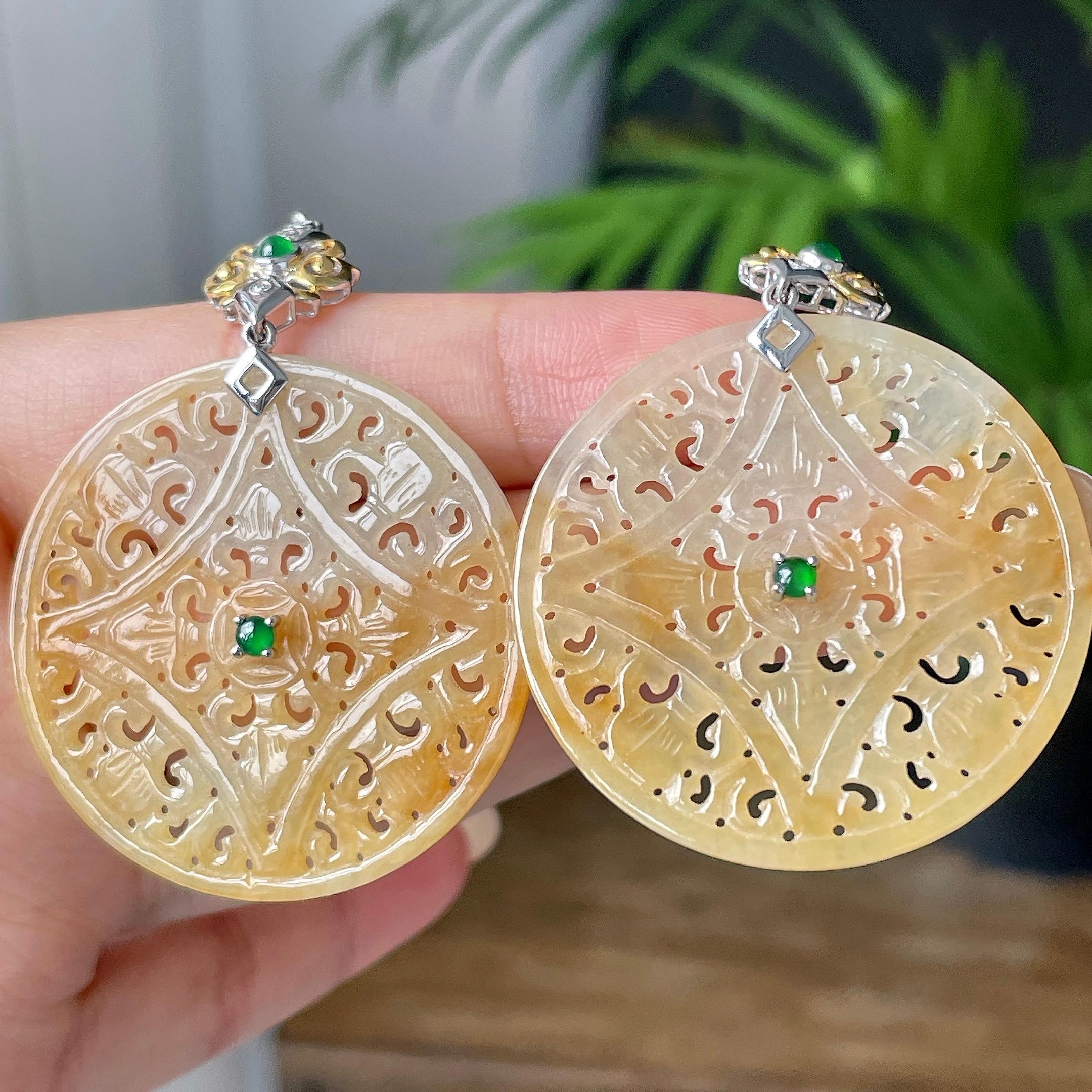 18k金镶细糯种黄翡雕花圆牌耳坠      天然缅甸A货翡翠（yc418886）