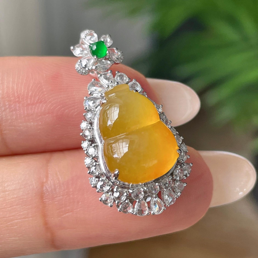 18k金钻镶冰种黄翡葫芦吊坠       天然缅甸A货翡翠（yc409680）