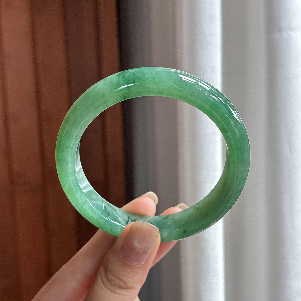 糯冰满绿飘花正圈平安镯 56圈 天然缅甸A货翡翠（yc484753）