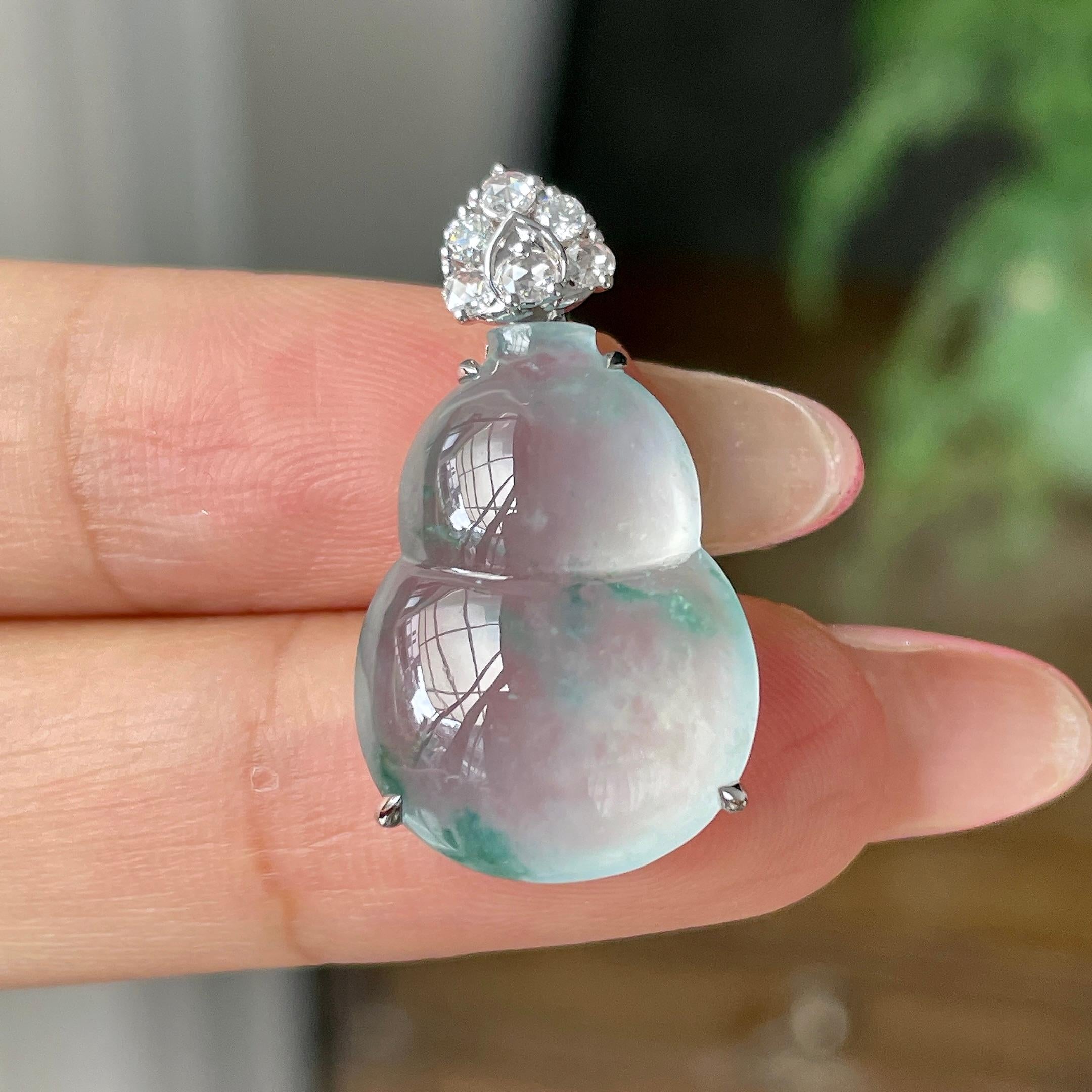18k金钻镶冰种飘花葫芦吊坠       天然缅甸A货翡翠（yc429718）