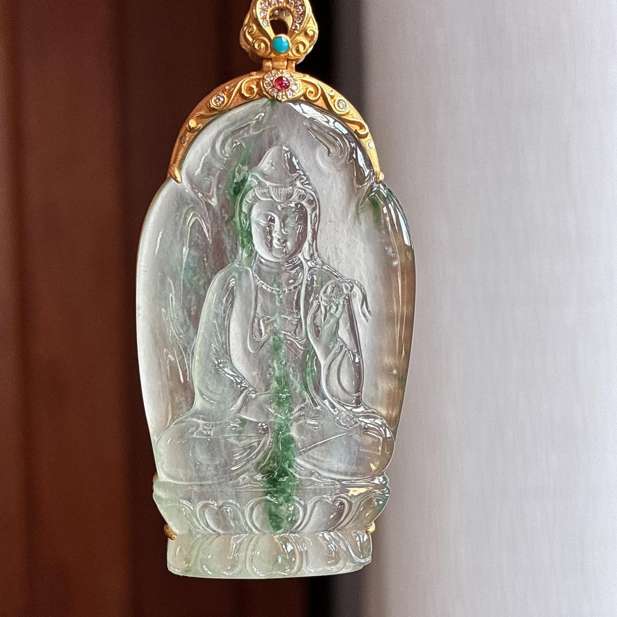 18k金镶高冰种飘花净瓶观音挂件（yc749687）